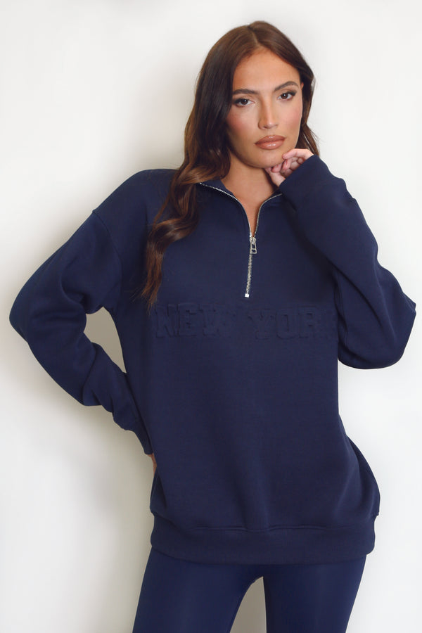 New York Embossed Zip Sweatshirt In Navy