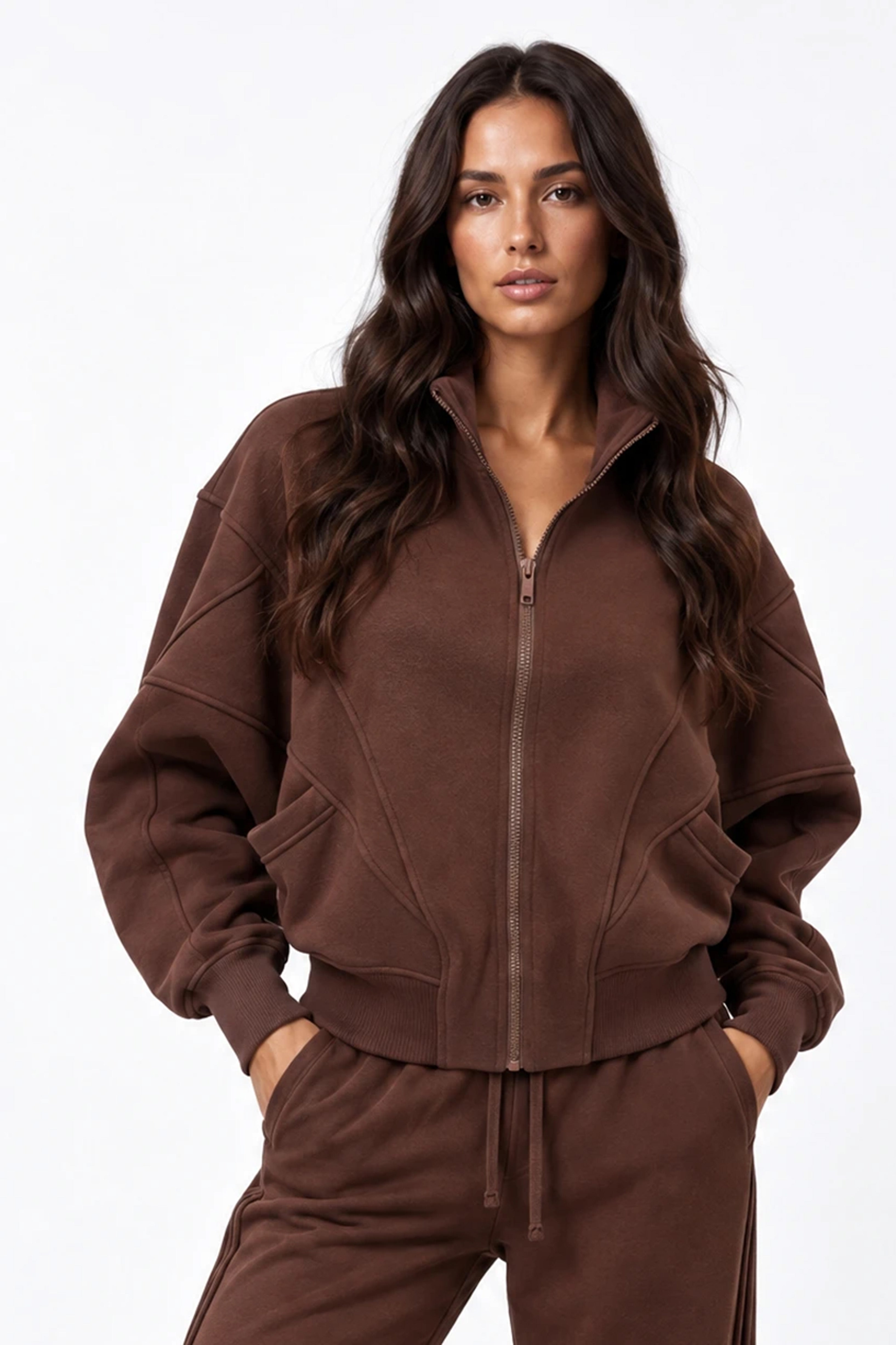 Panelled Full Zip Sweatshirt in Chocolate Brown