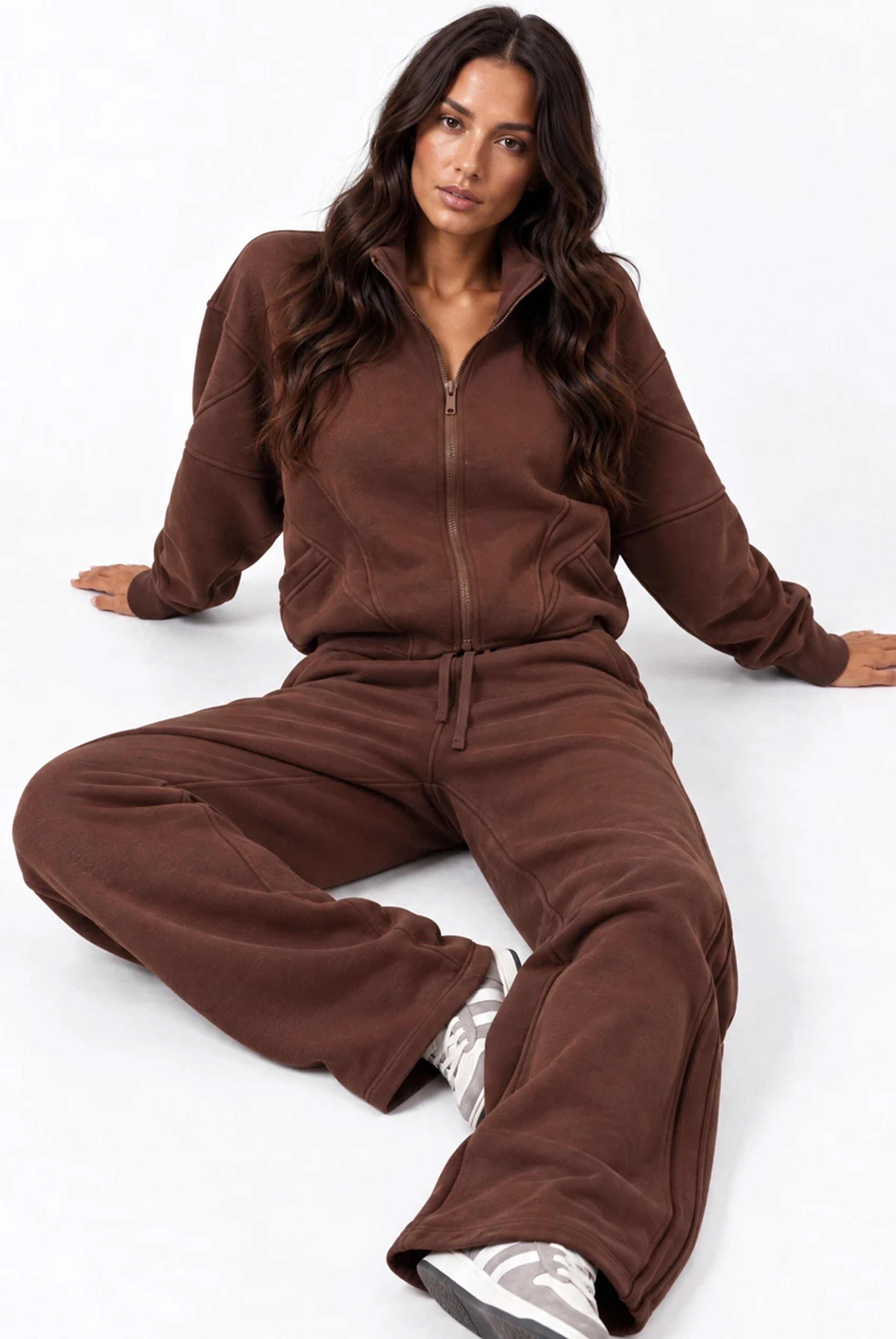 Panelled Full Zip Sweatshirt in Chocolate Brown