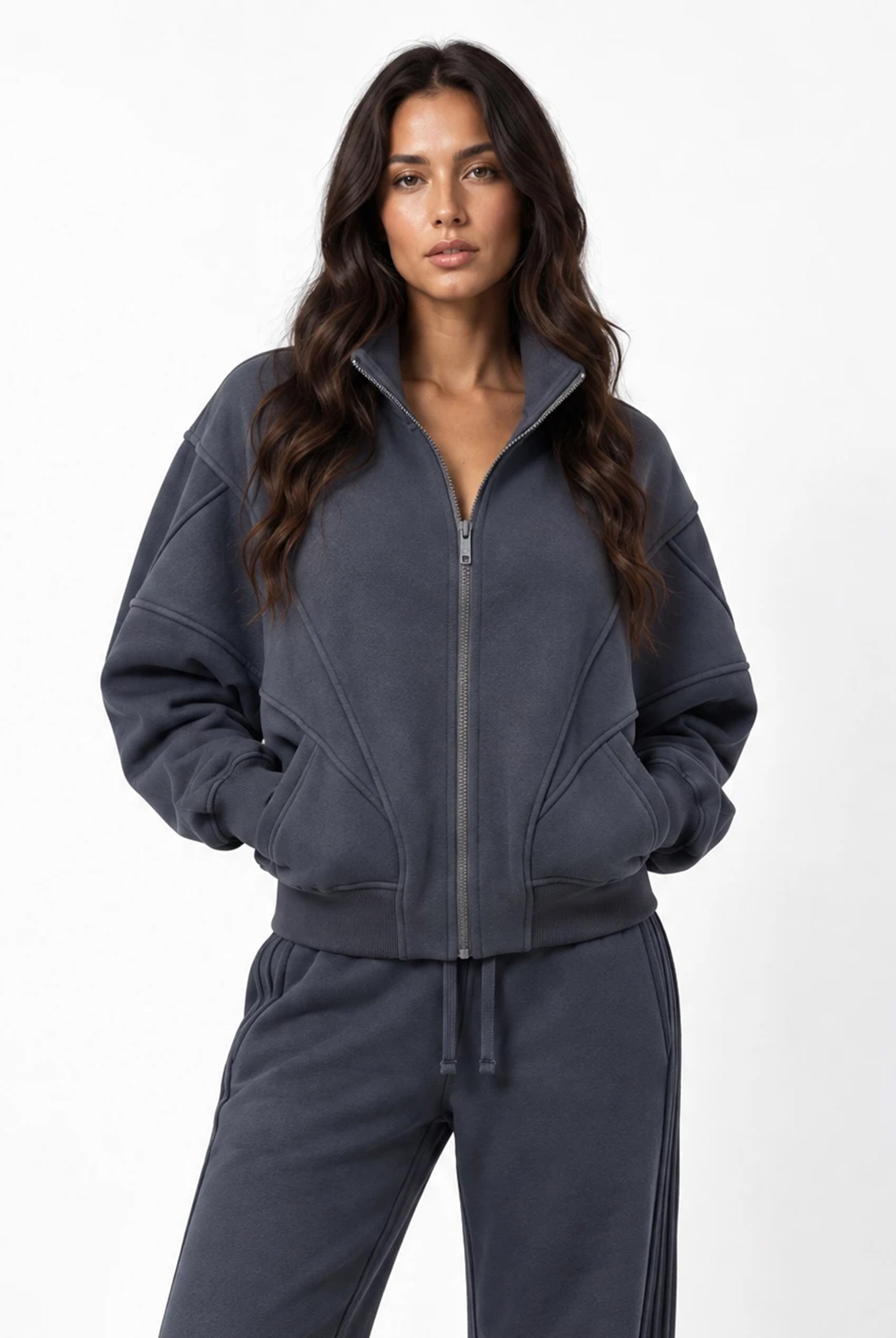 Panelled Full Zip Sweatshirt in Slate Grey