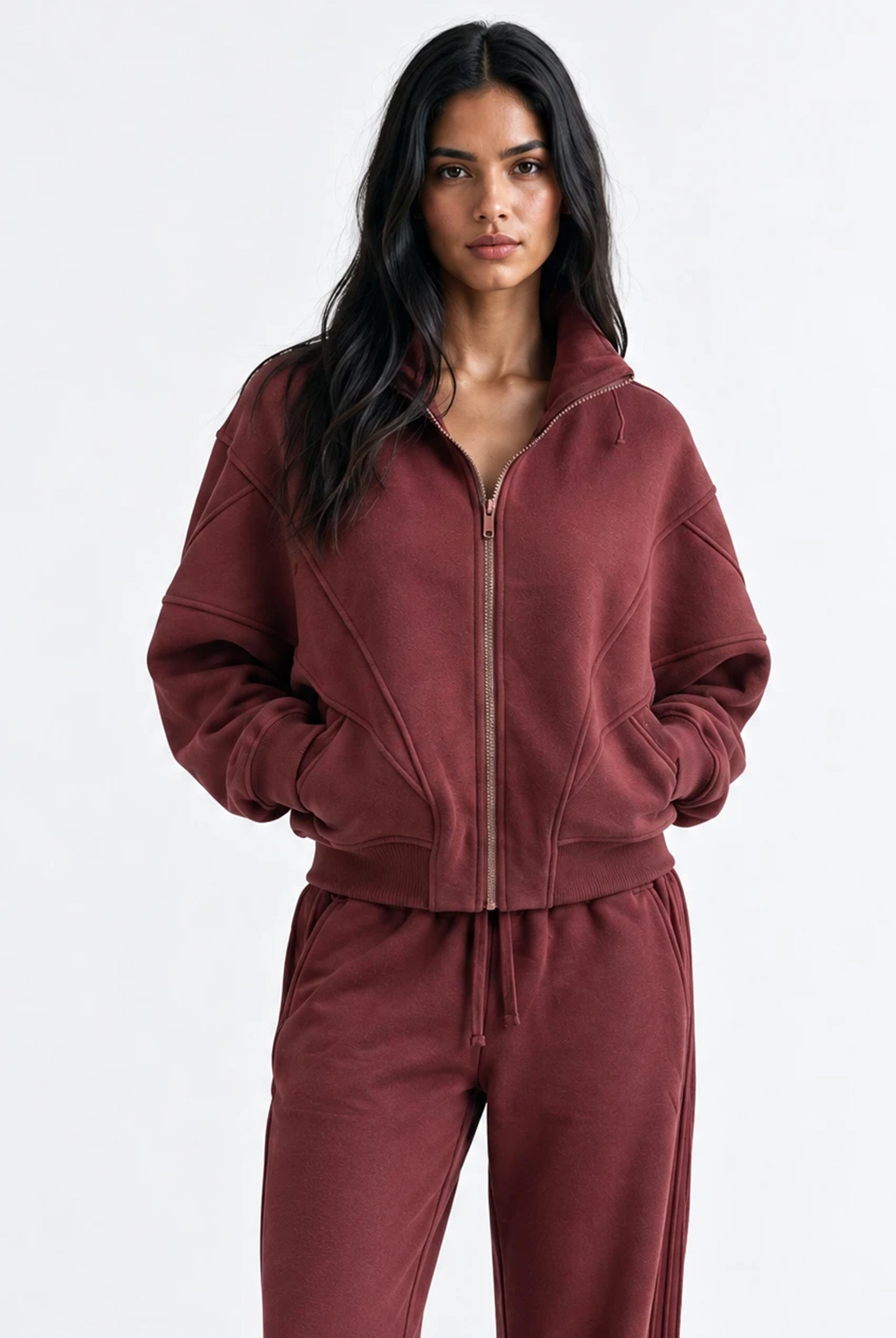 Panelled Full Zip Sweatshirt in Red Mahogany