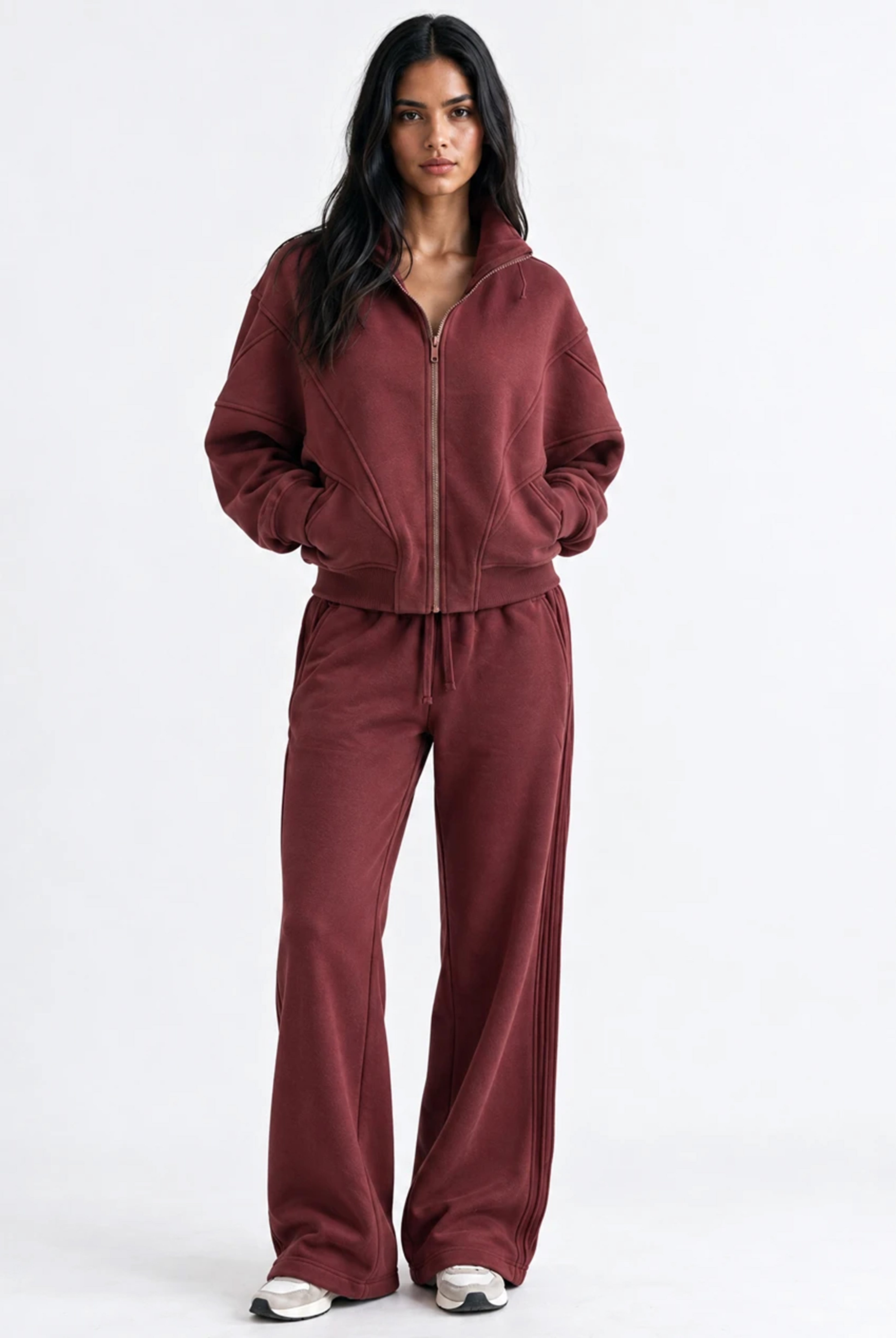 Panelled Full Zip Sweatshirt in Red Mahogany