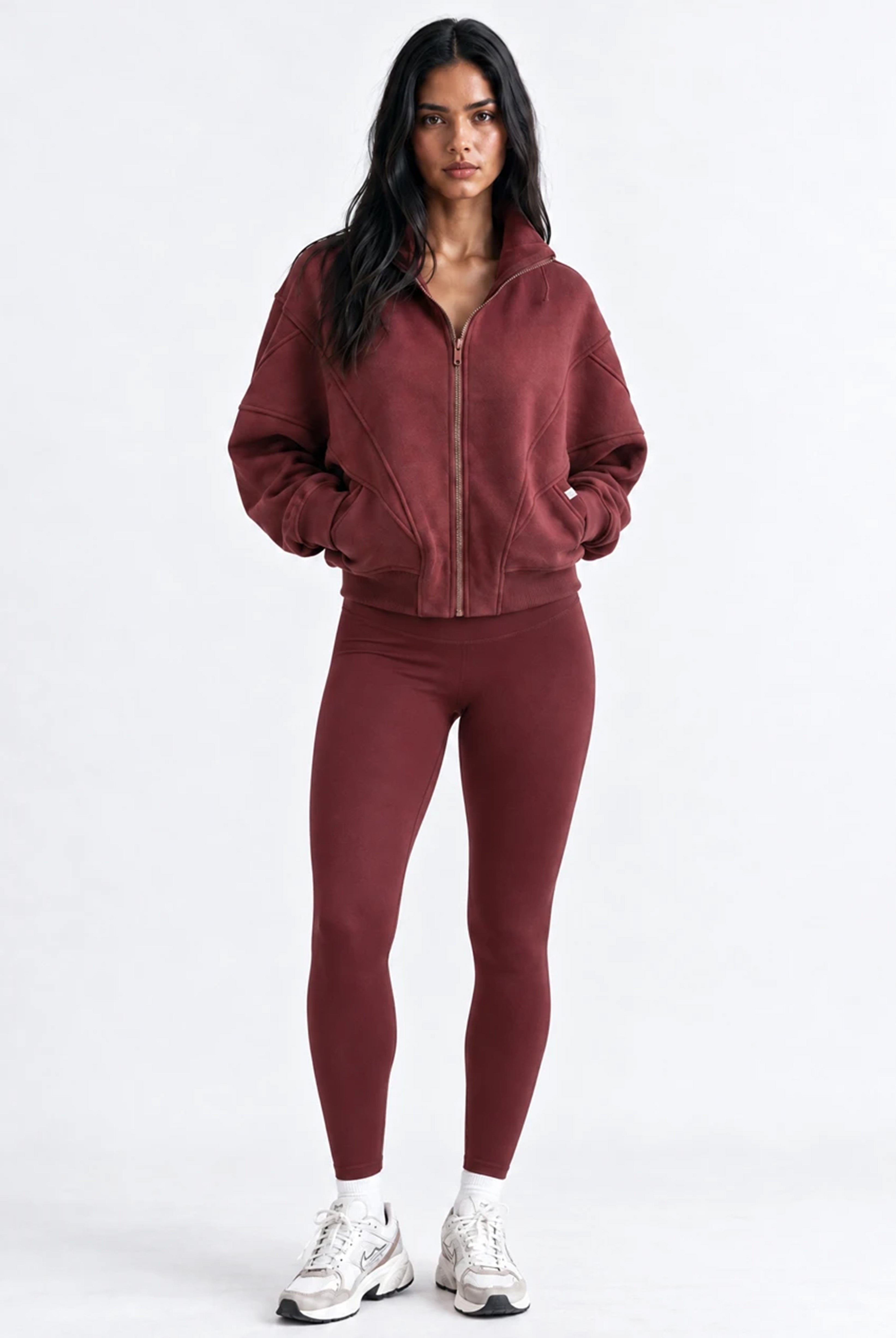 Panelled Full Zip Sweatshirt in Red Mahogany