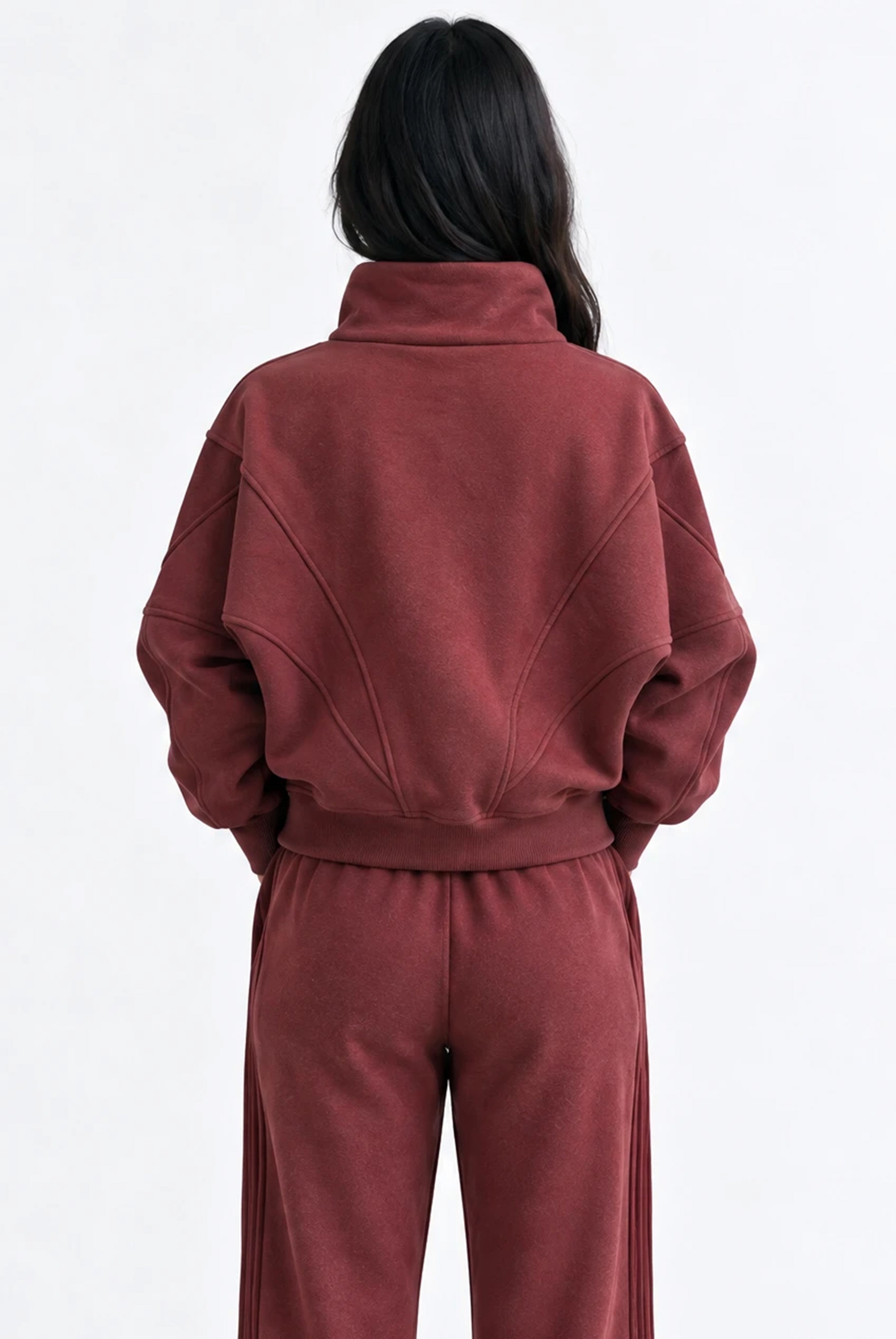 Panelled Full Zip Sweatshirt in Red Mahogany