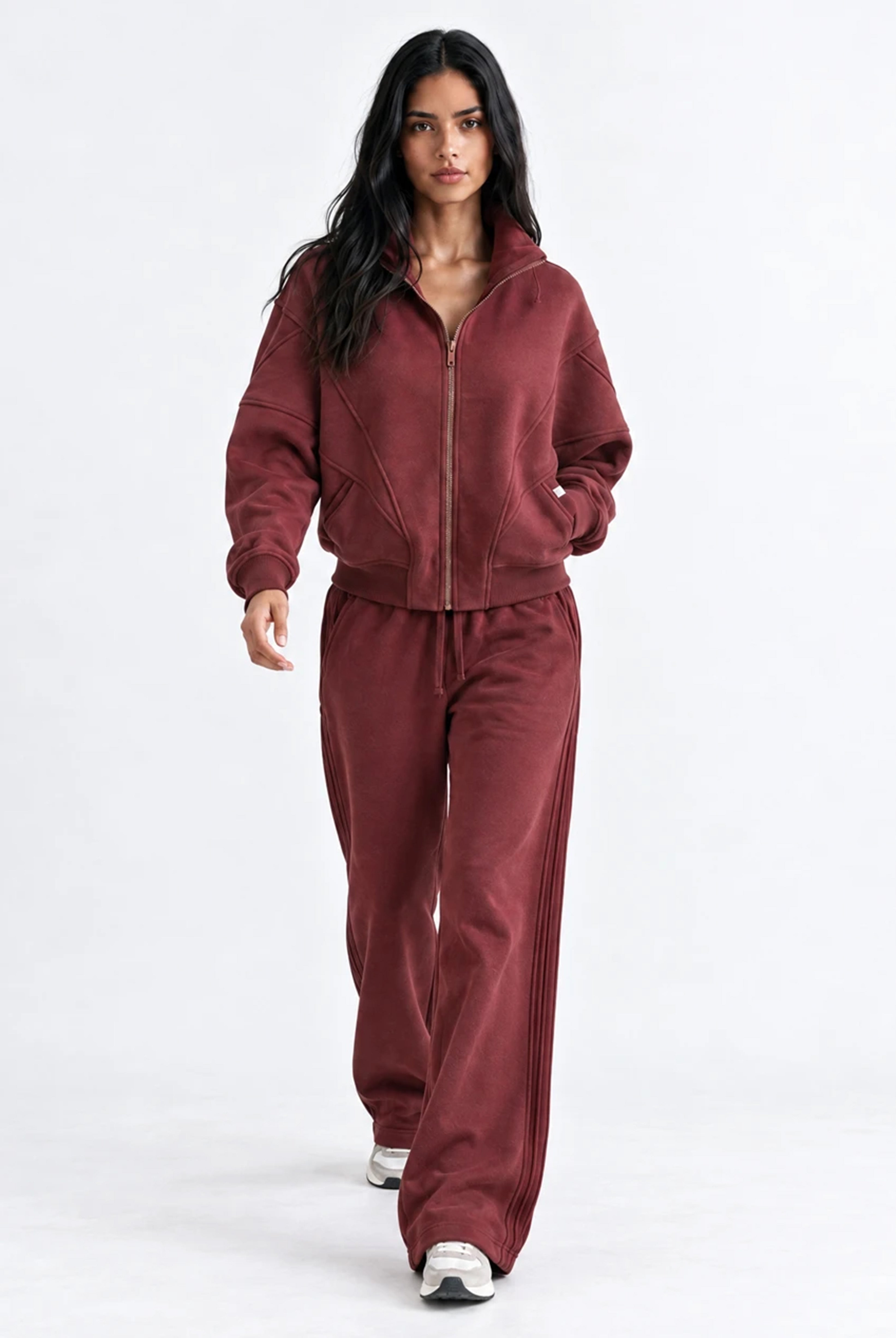 Panelled Full Zip Sweatshirt in Red Mahogany