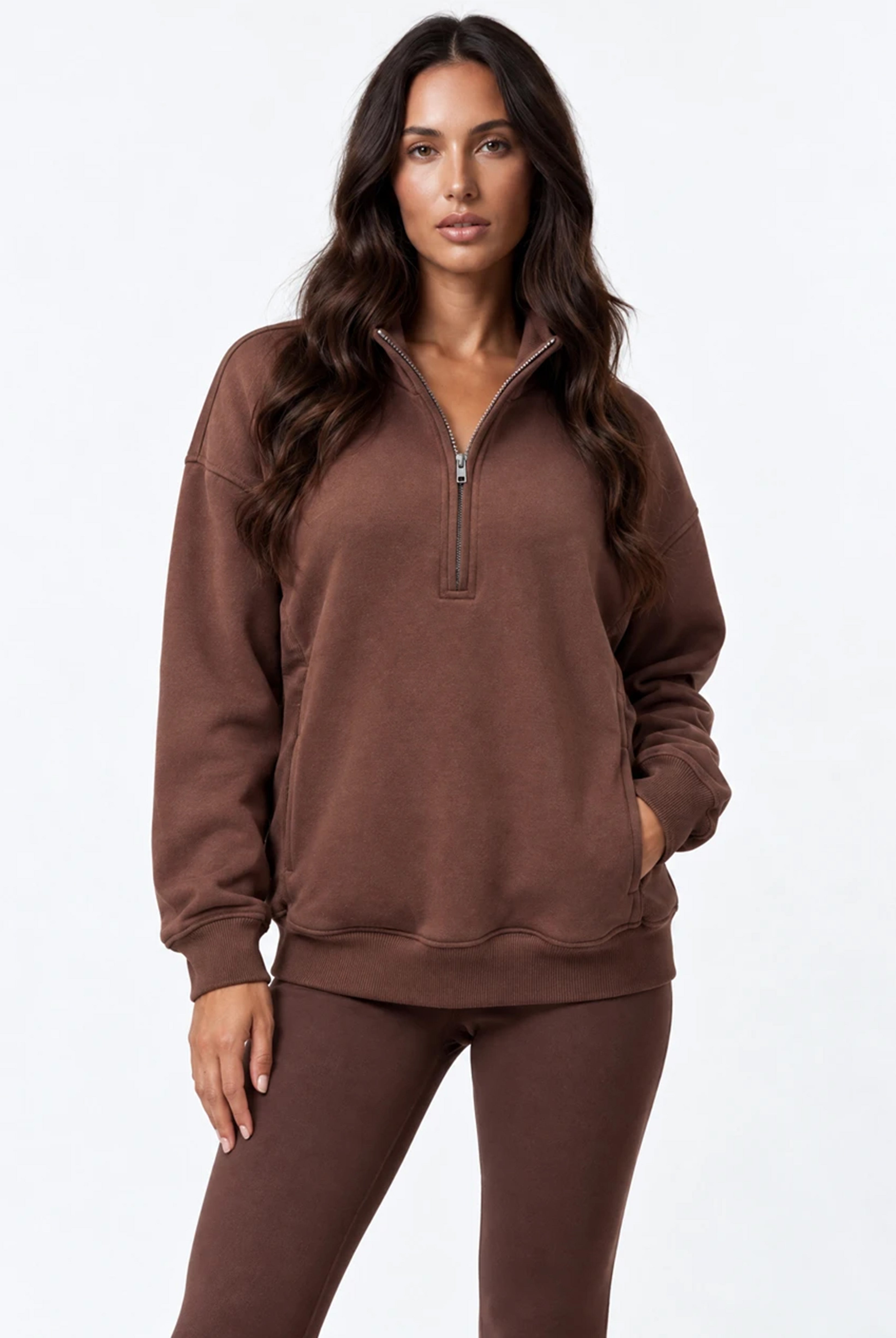 Half Zip Oversized Sweatshirt With Pockets in Chocolate Brown