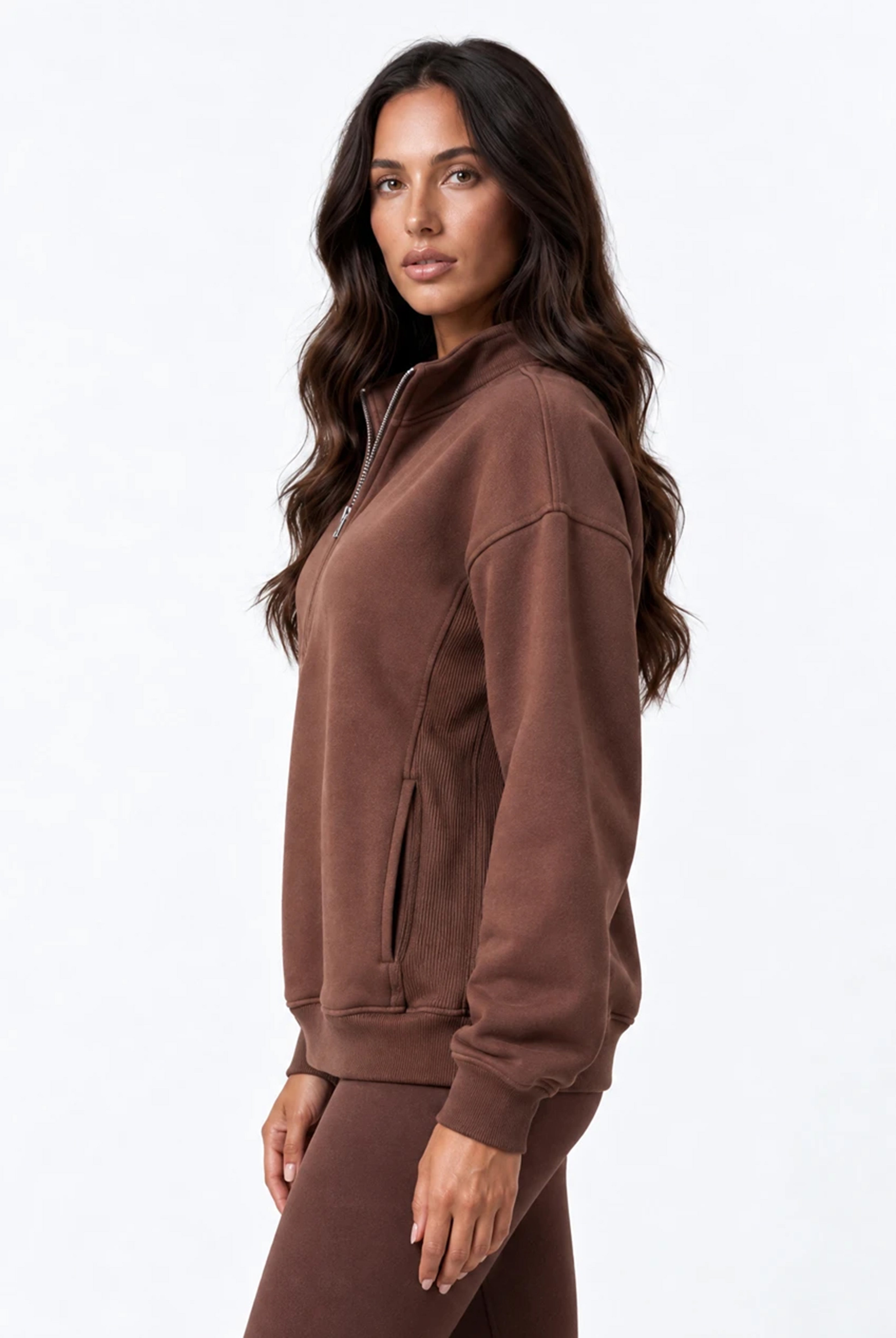 Half Zip Oversized Sweatshirt With Pockets in Chocolate Brown
