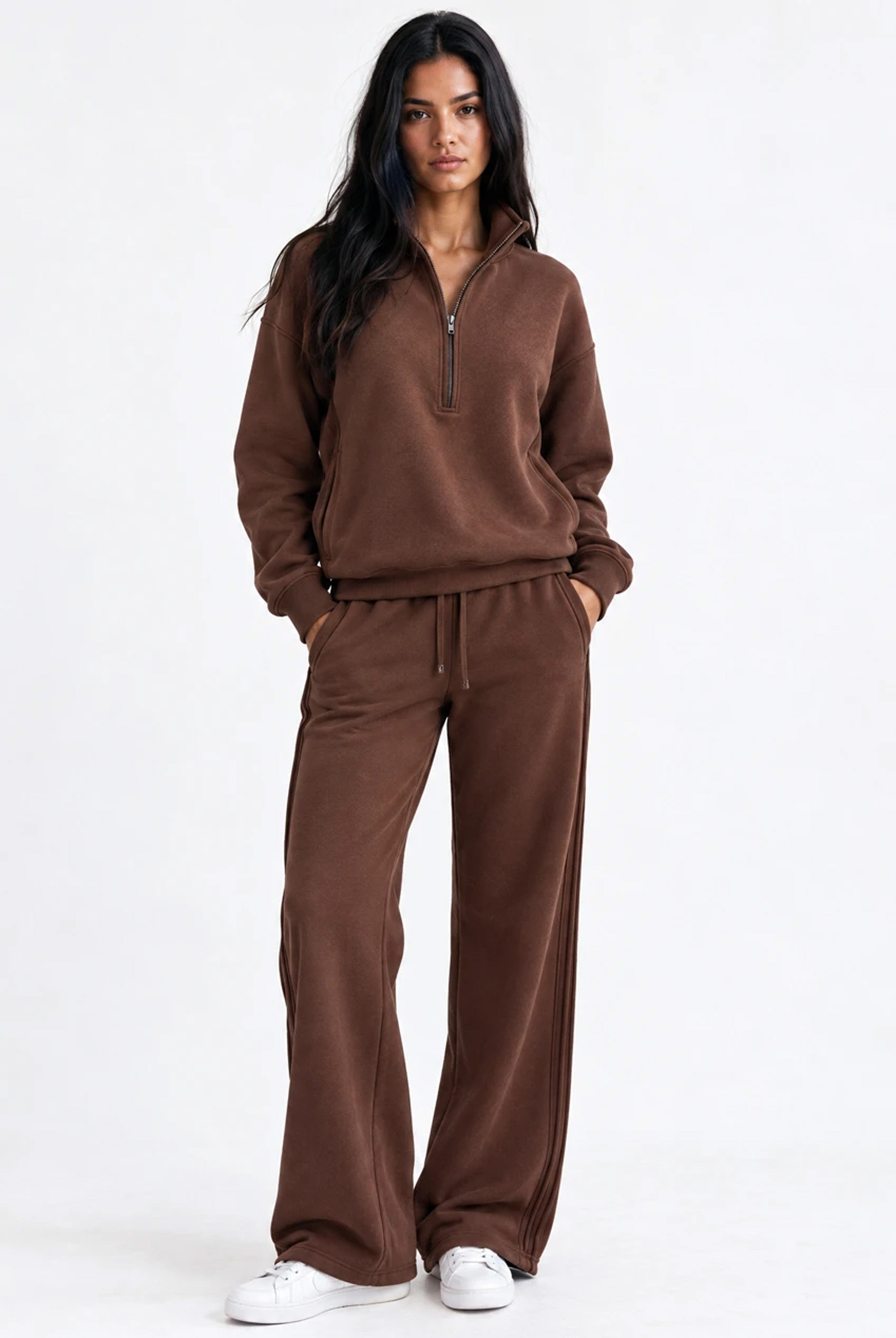 Side Pleat Wide Leg Jogger in Chocolate Brown