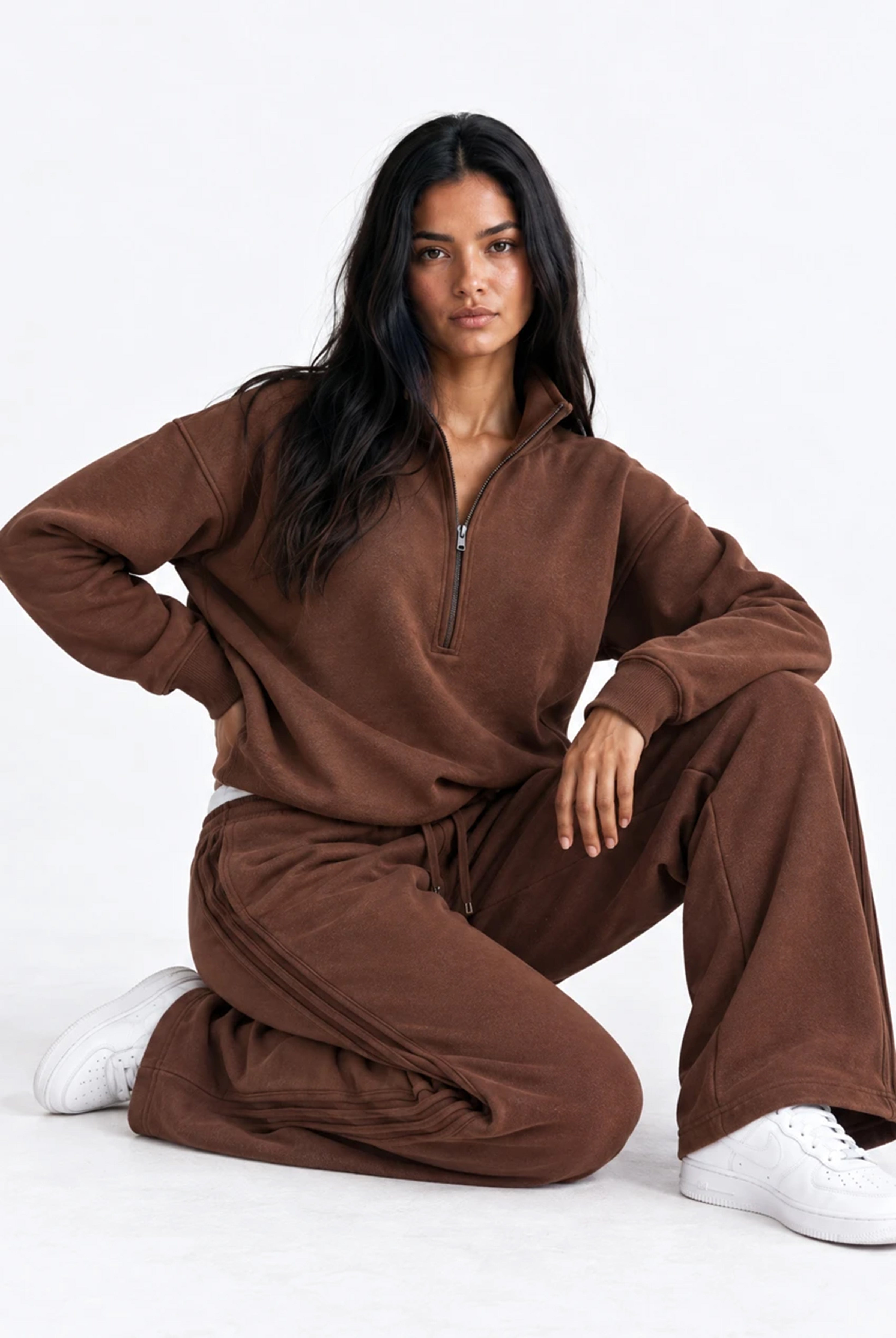 Half Zip Oversized Sweatshirt With Pockets in Chocolate Brown