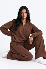Half Zip Oversized Sweatshirt With Pockets in Chocolate Brown
