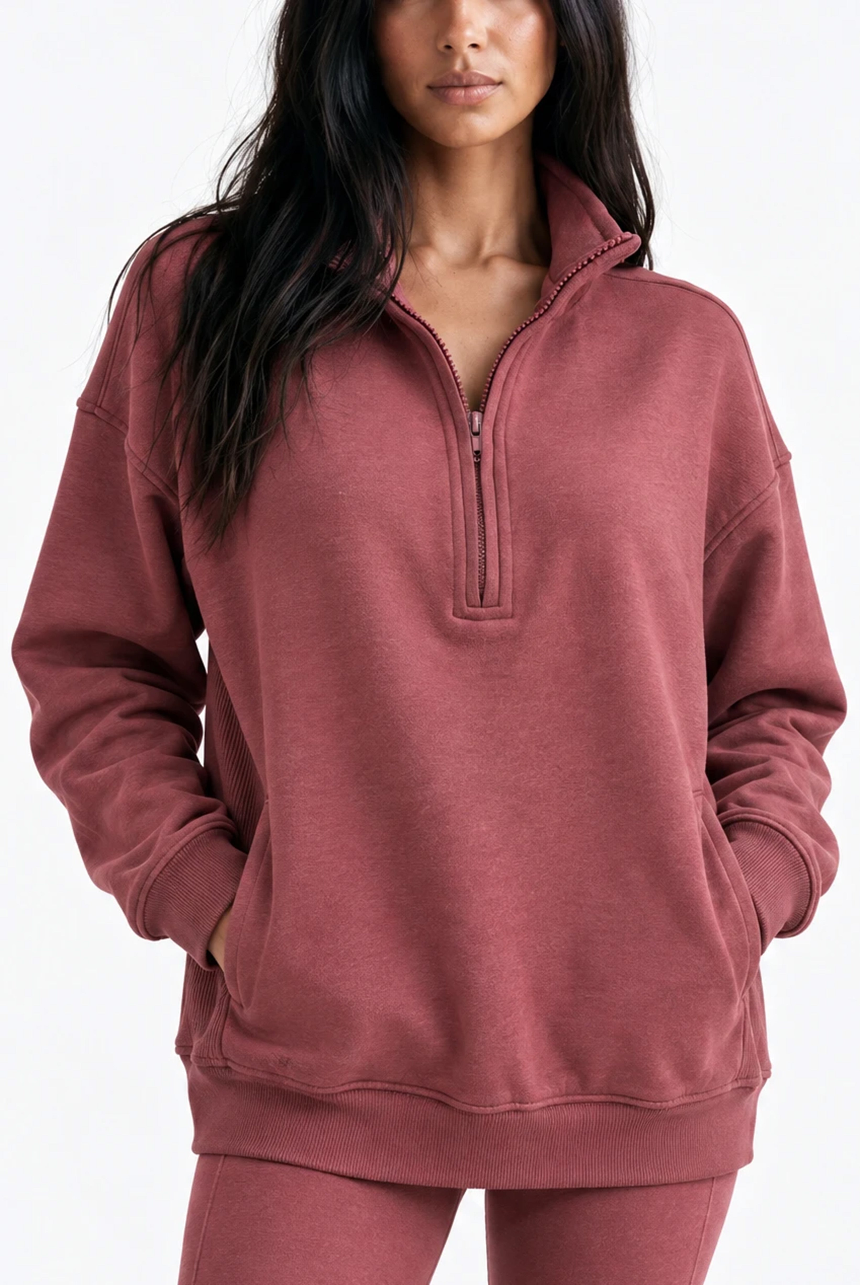 Half Zip Oversized Sweatshirt With Pockets in Red Mahogany