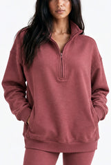Half Zip Oversized Sweatshirt With Pockets in Red Mahogany