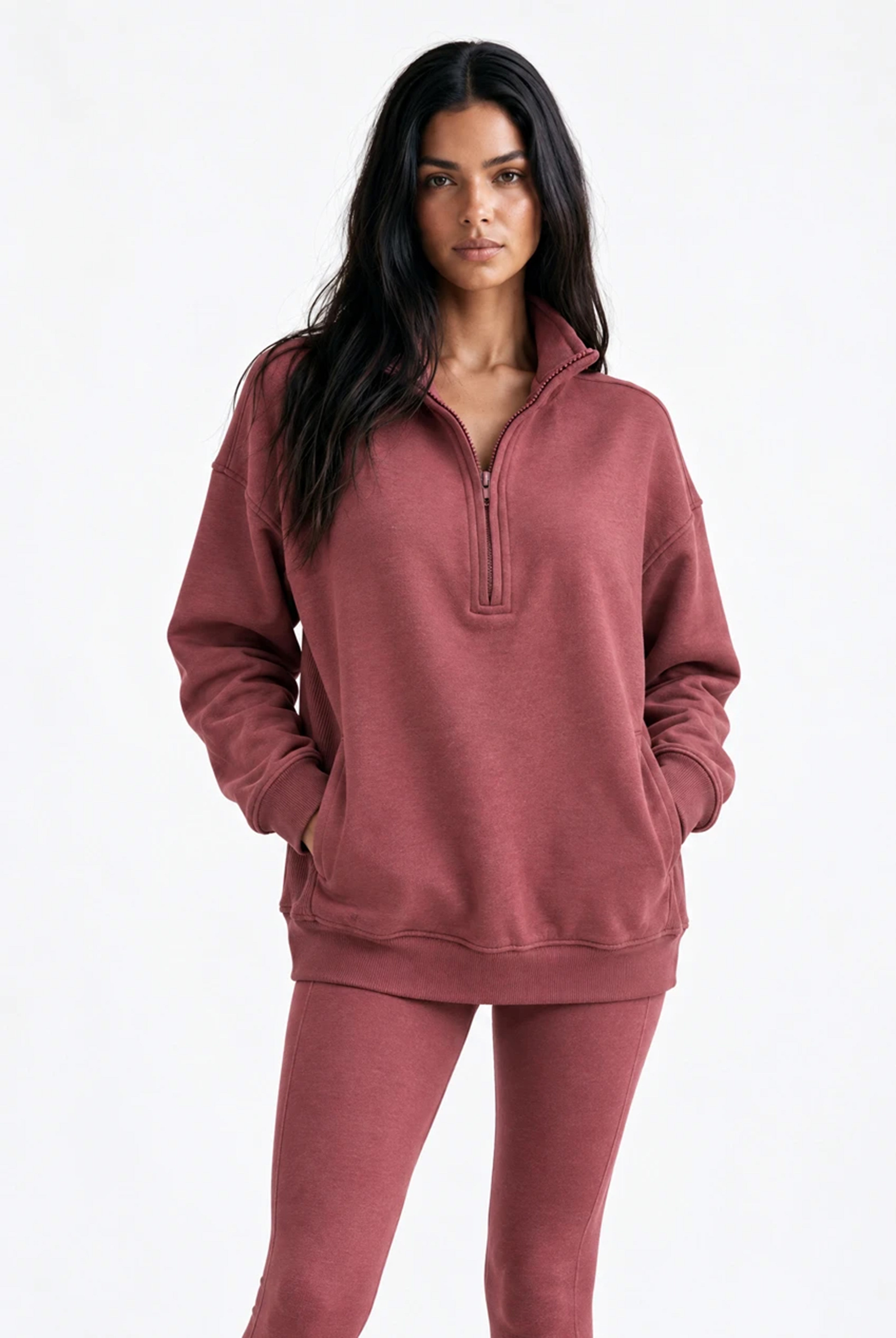 Half Zip Oversized Sweatshirt With Pockets in Red Mahogany