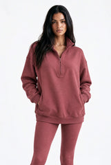Half Zip Oversized Sweatshirt With Pockets in Red Mahogany