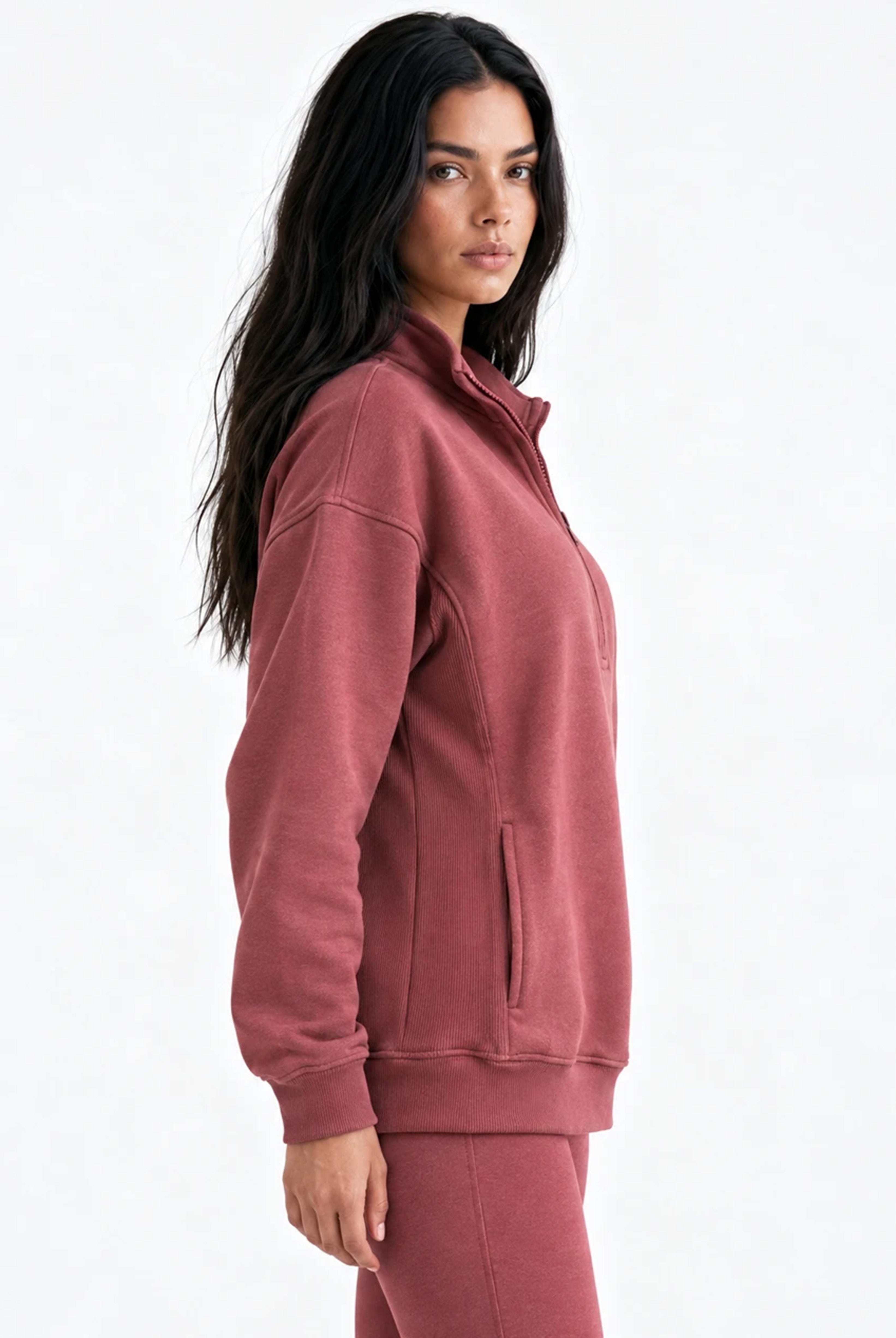 Half Zip Oversized Sweatshirt With Pockets in Red Mahogany