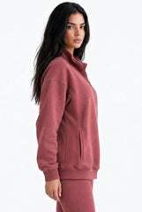 Half Zip Oversized Sweatshirt With Pockets in Red Mahogany