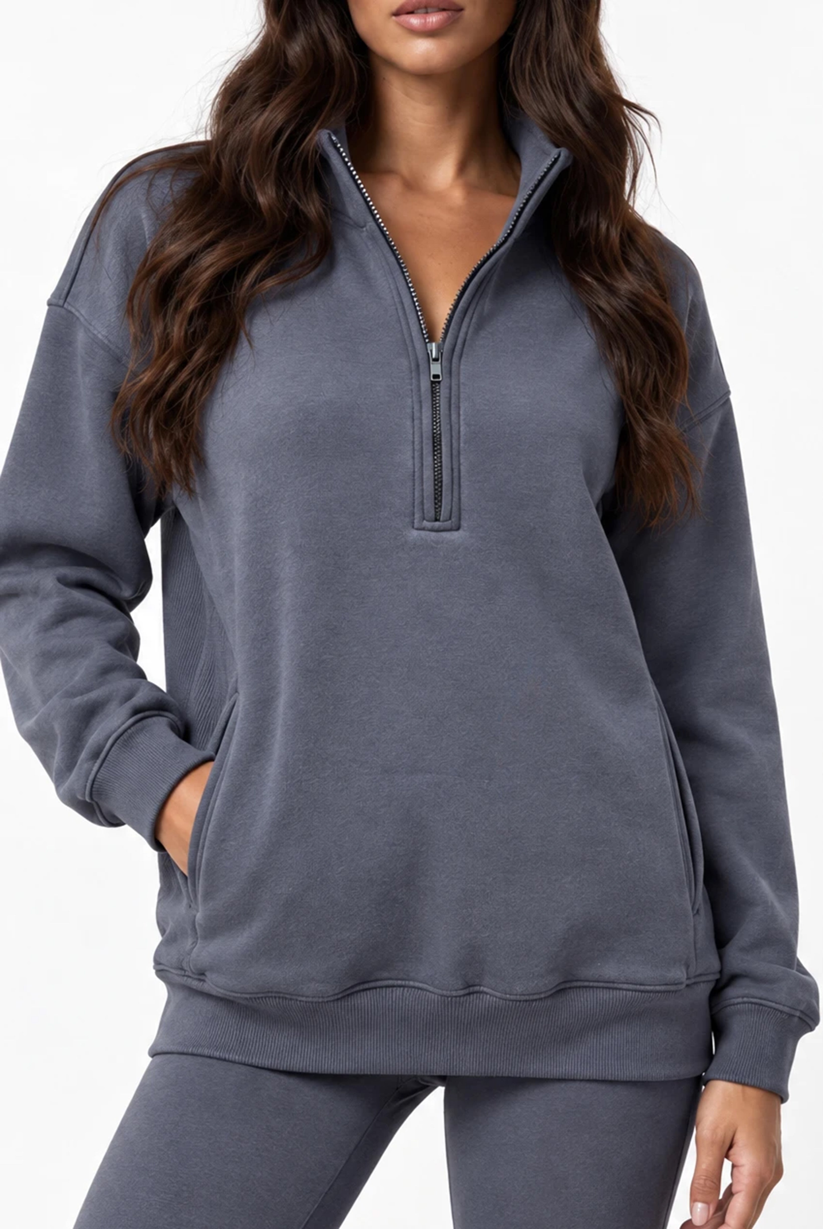 Half Zip Oversized Sweatshirt With Pockets in Slate Grey