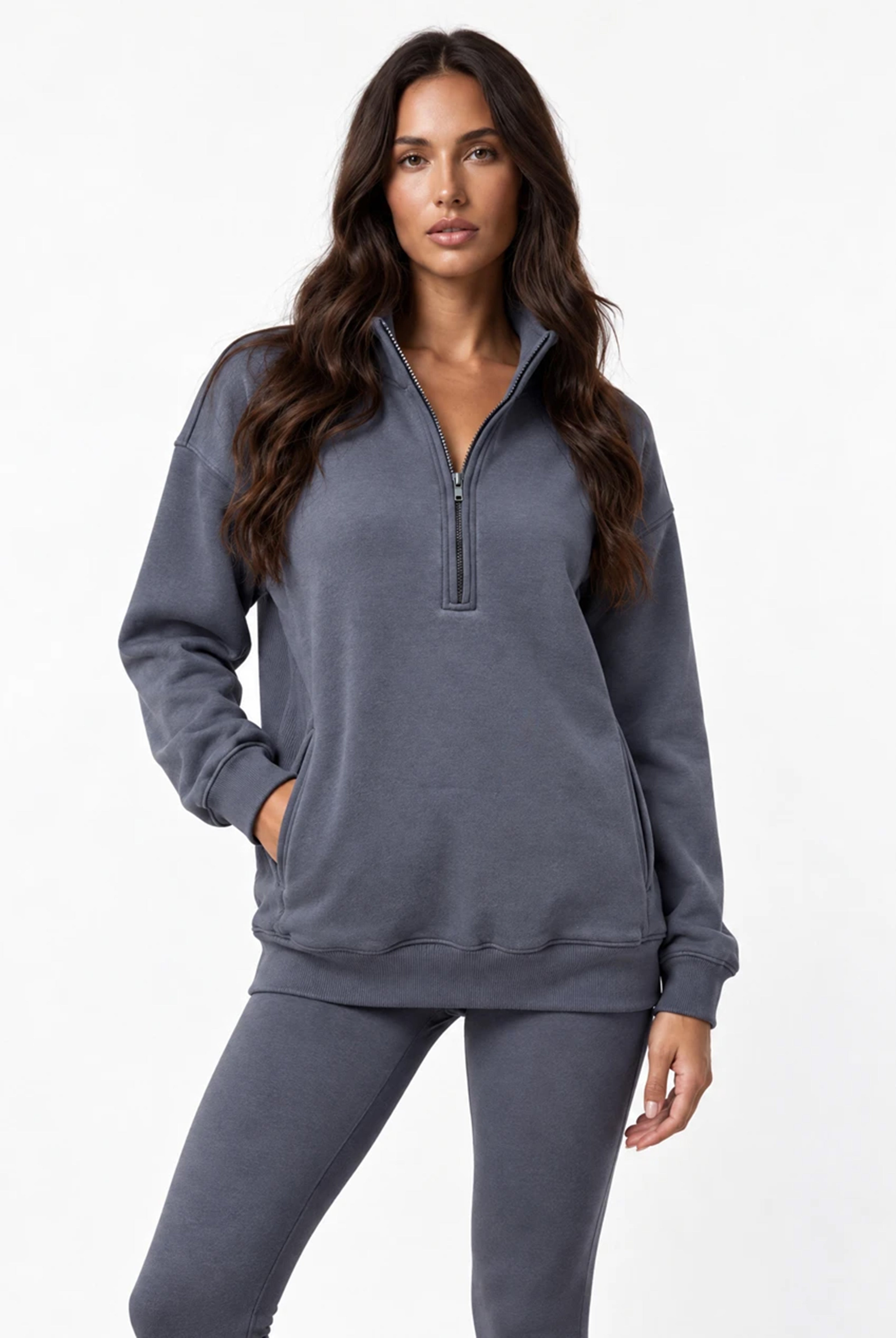 Half Zip Oversized Sweatshirt With Pockets in Slate Grey
