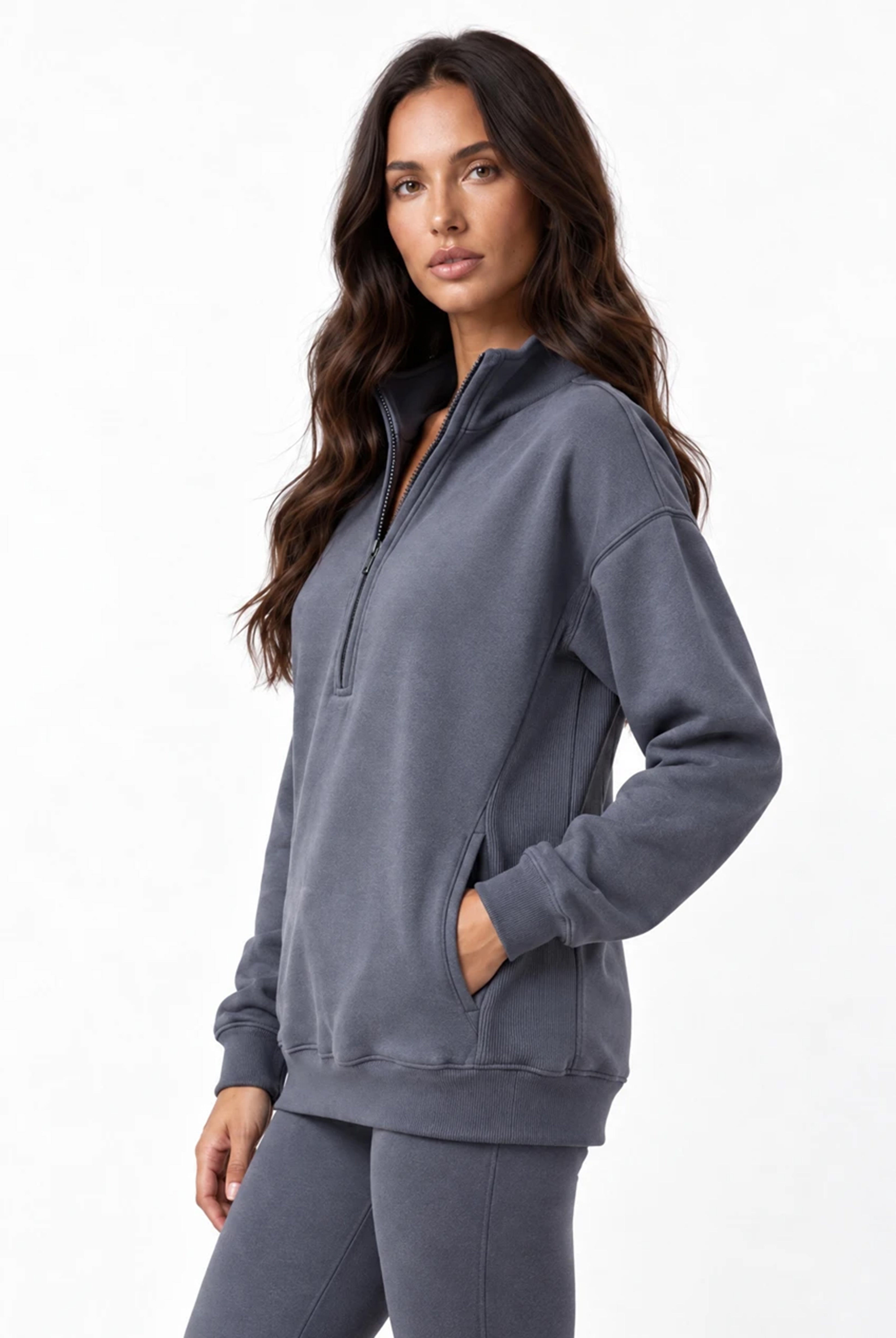 Half Zip Oversized Sweatshirt With Pockets in Slate Grey