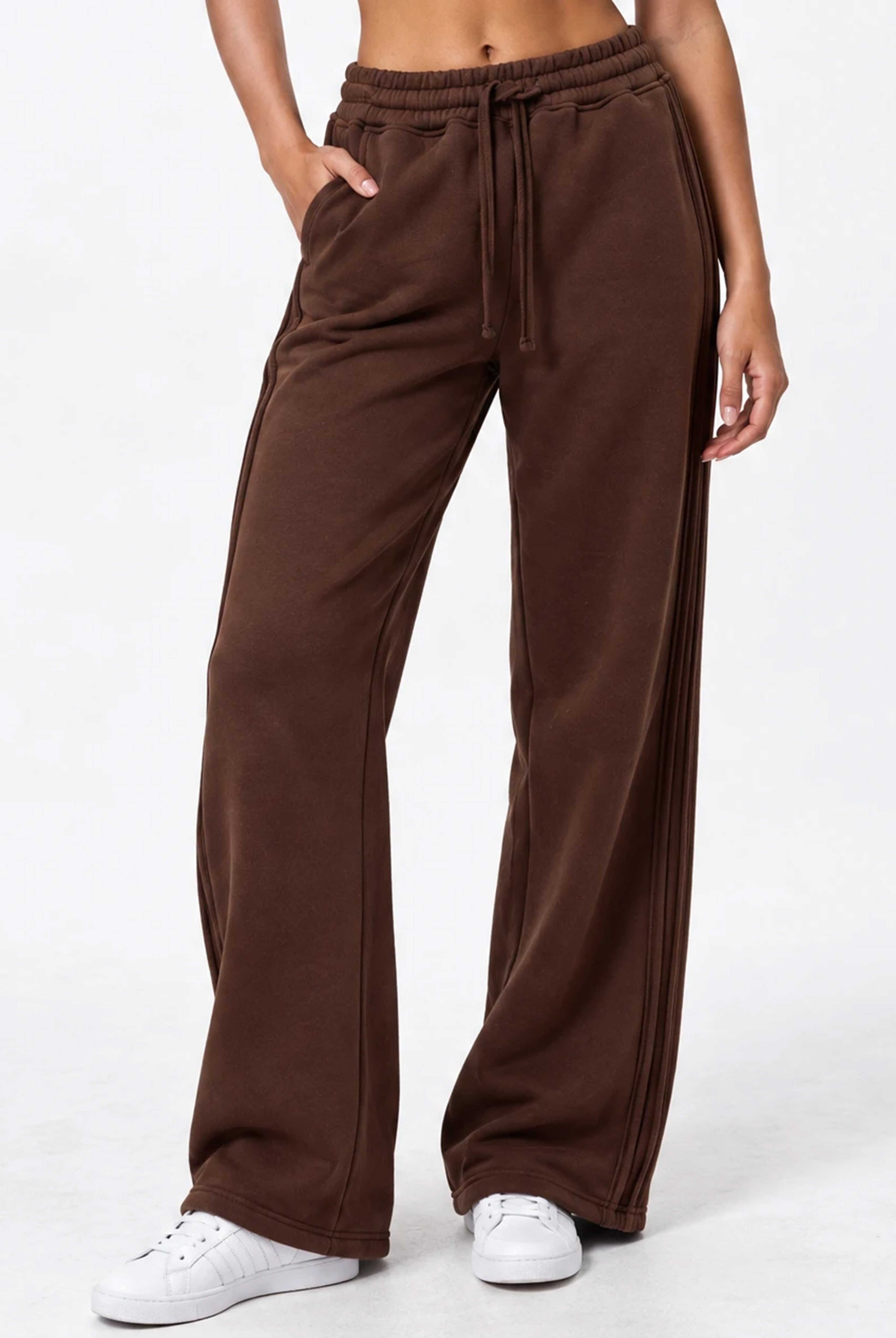 Side Pleat Wide Leg Jogger in Chocolate Brown