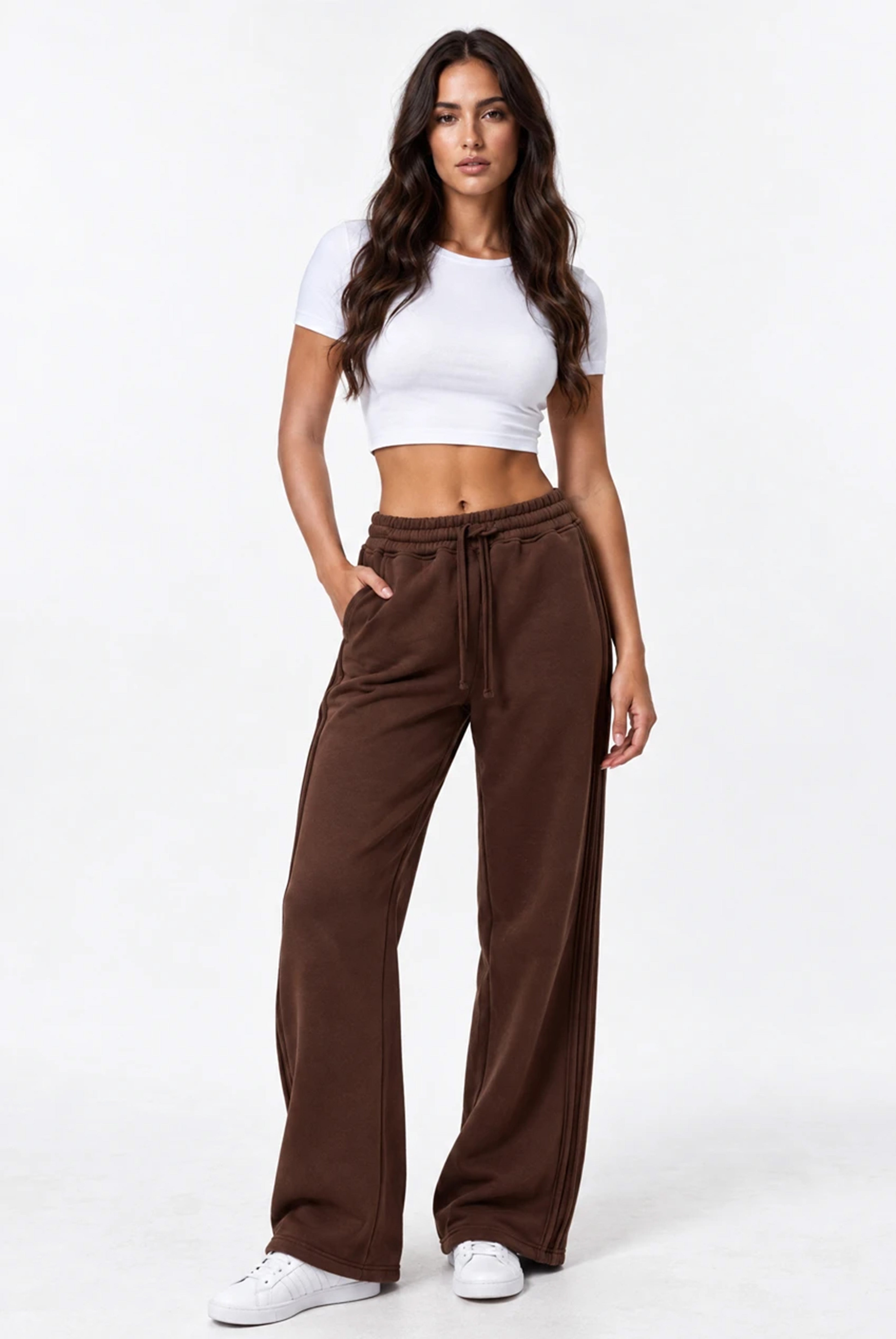 Side Pleat Wide Leg Jogger in Chocolate Brown