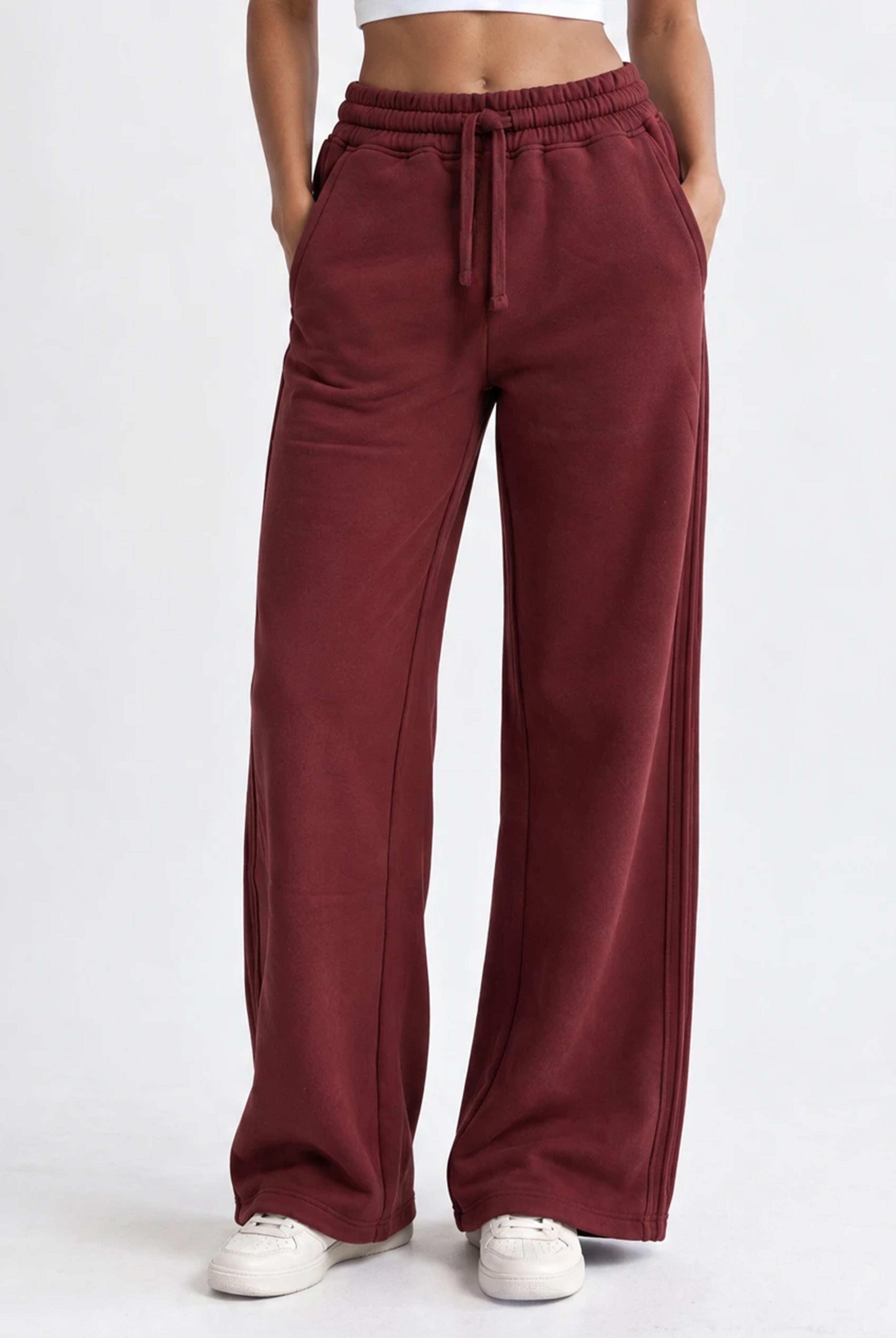 Side Pleat Wide Leg Jogger in Red Mahogany