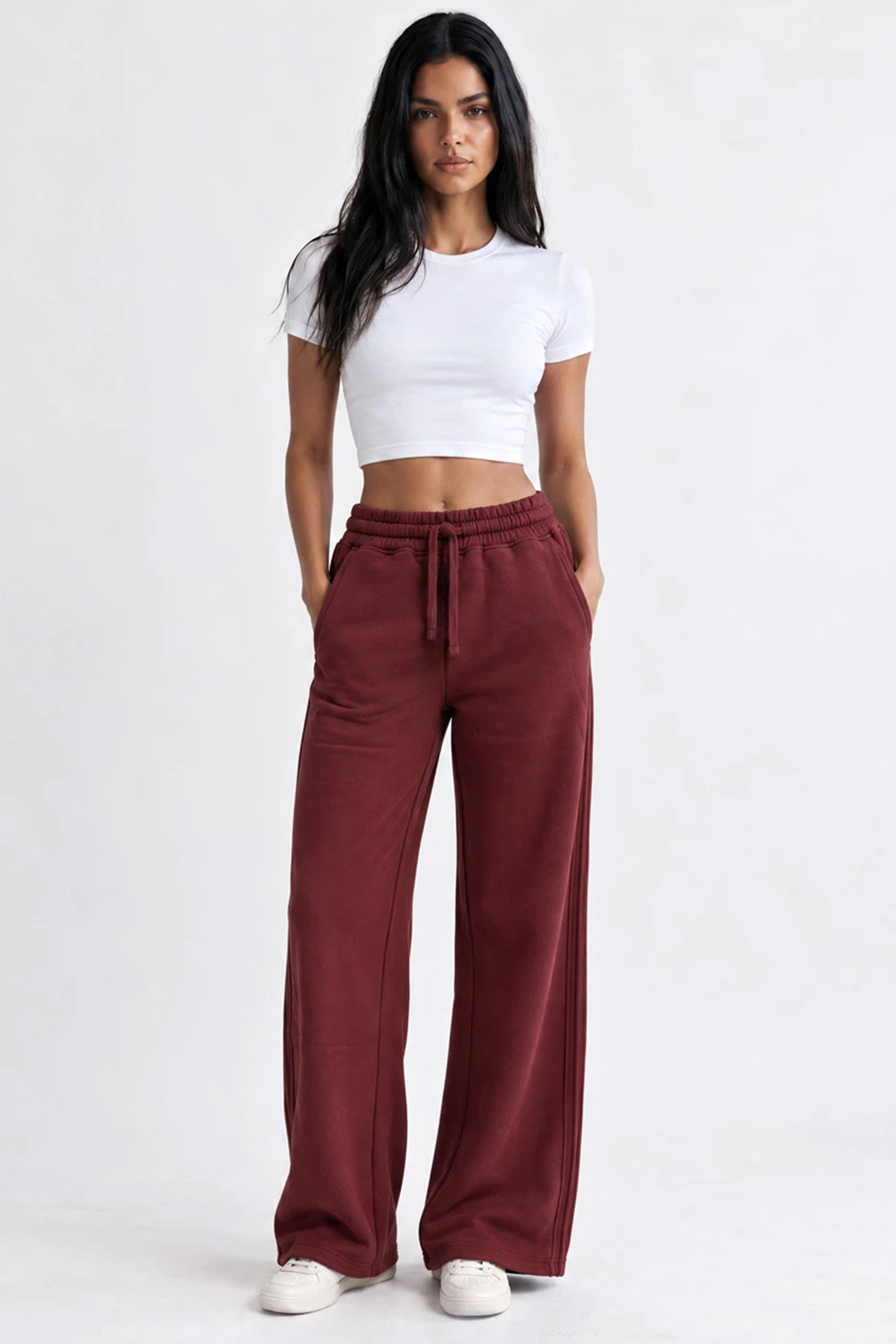 Side Pleat Wide Leg Jogger in Red Mahogany
