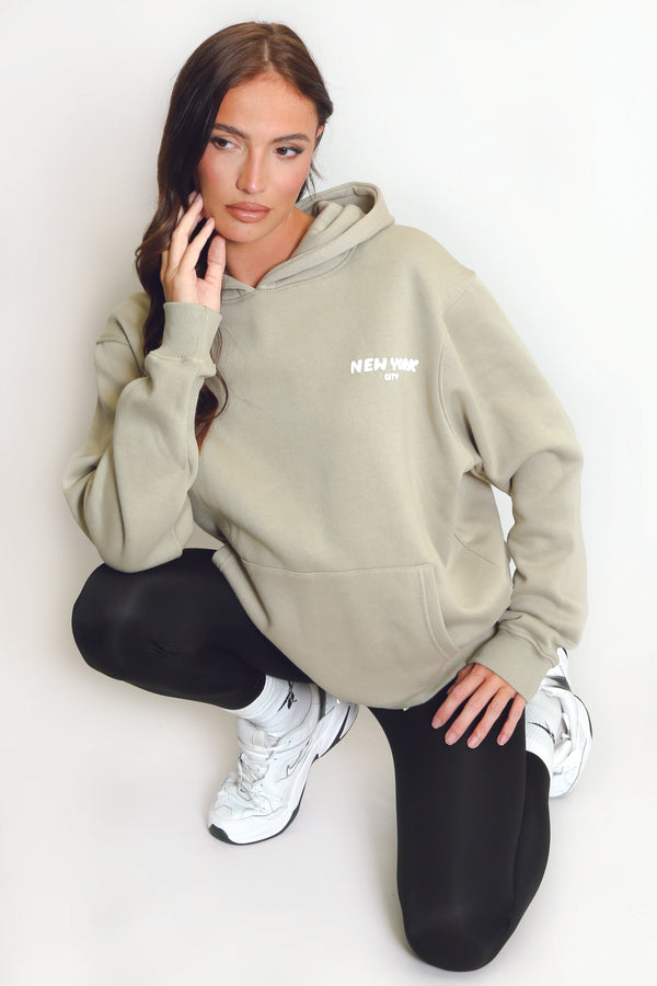 Sage Green New York Bubble Slogan Hooded Sweatshirt