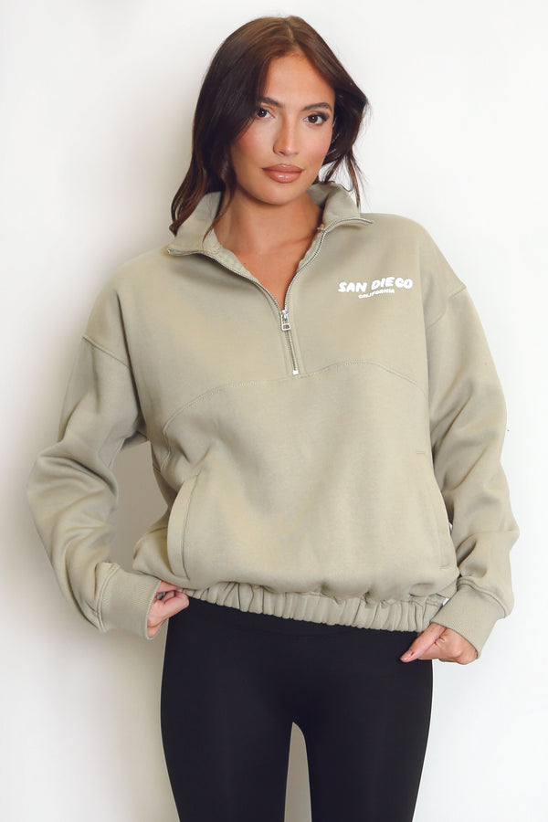 Sage San Diego Bubble Slogan Half Zip Sweatshirt