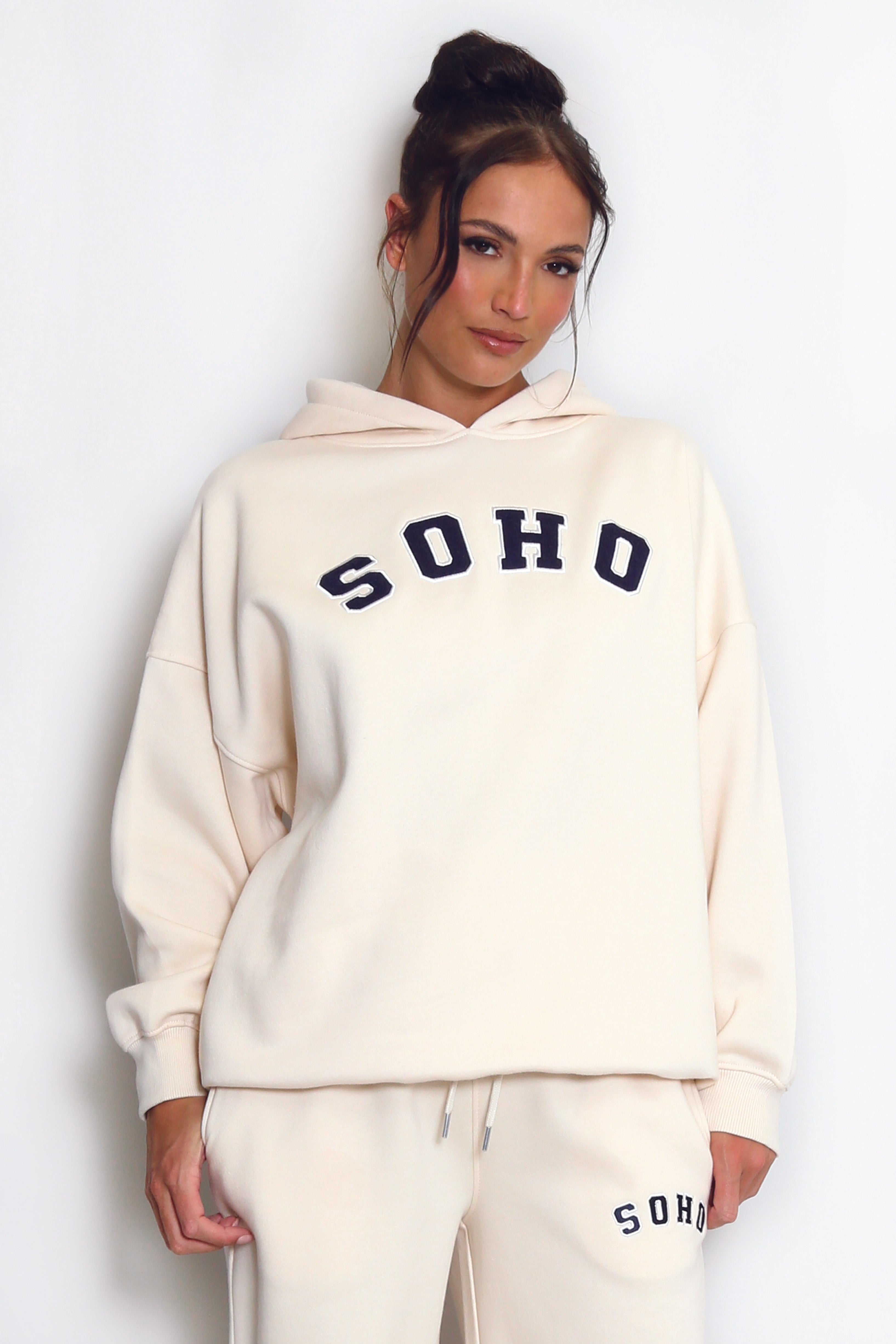 SOHO Slogan Hooded Sweatshirt in Beige