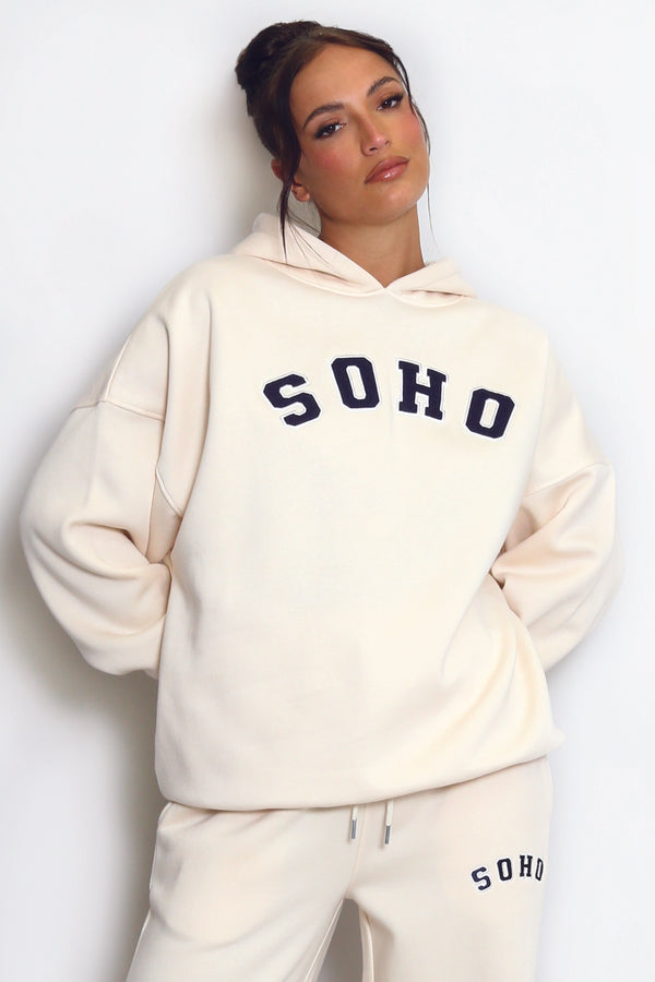 SOHO Slogan Hooded Sweatshirt in Beige