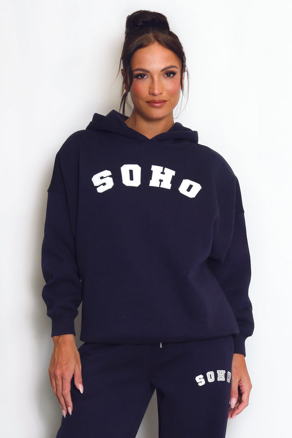 SOHO Slogan Hooded Sweatshirt in Navy