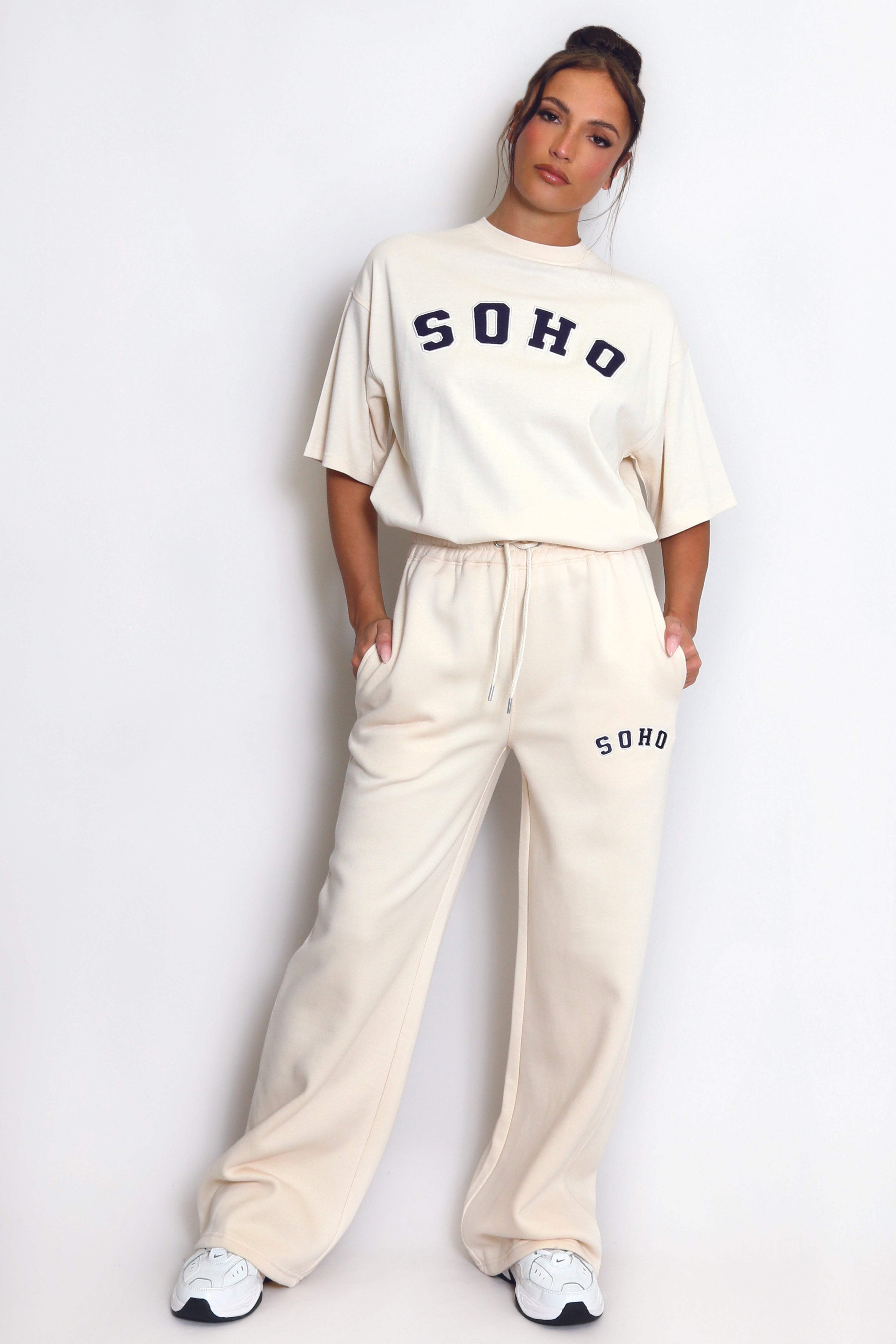 Soho Wide Leg Joggers In Beige