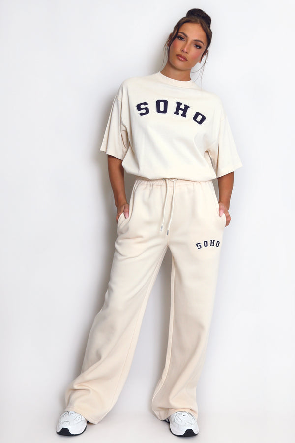 Soho Wide Leg Joggers In Beige