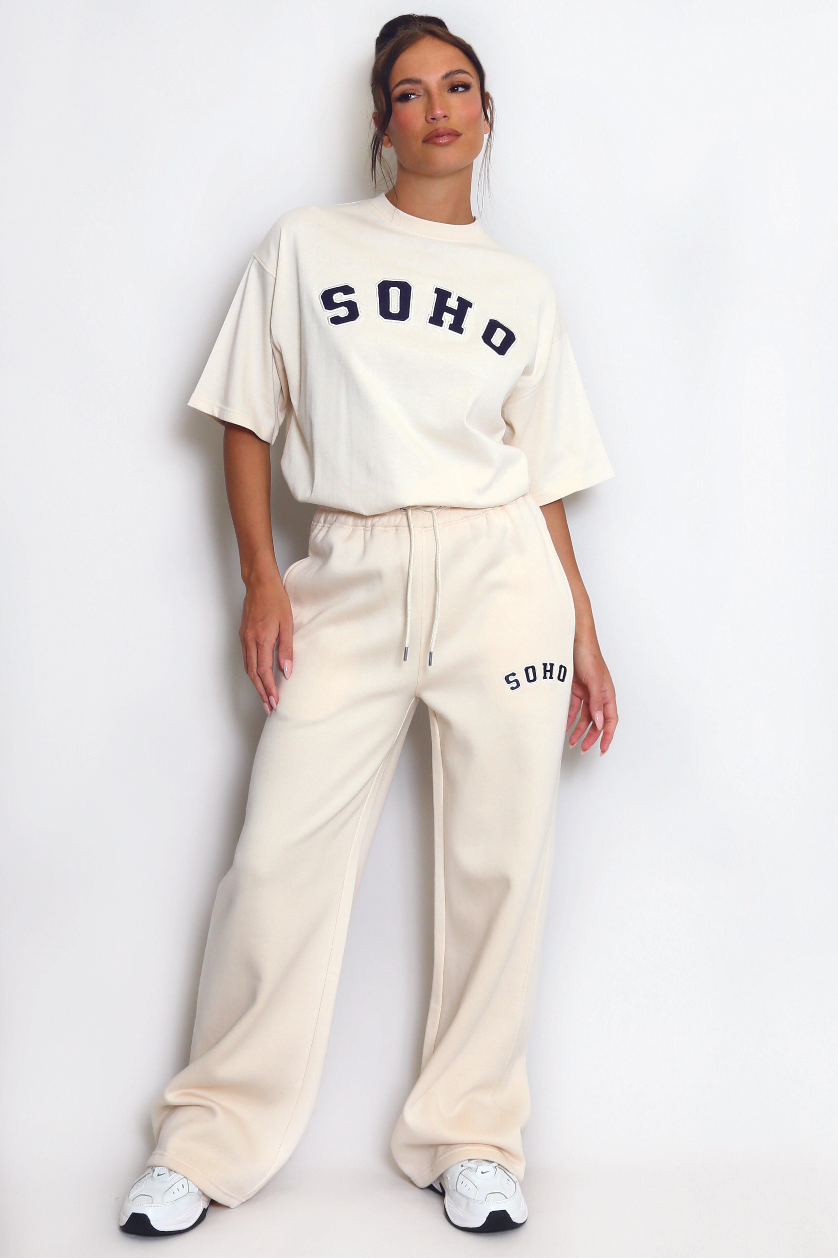 Soho Wide Leg Joggers In Beige