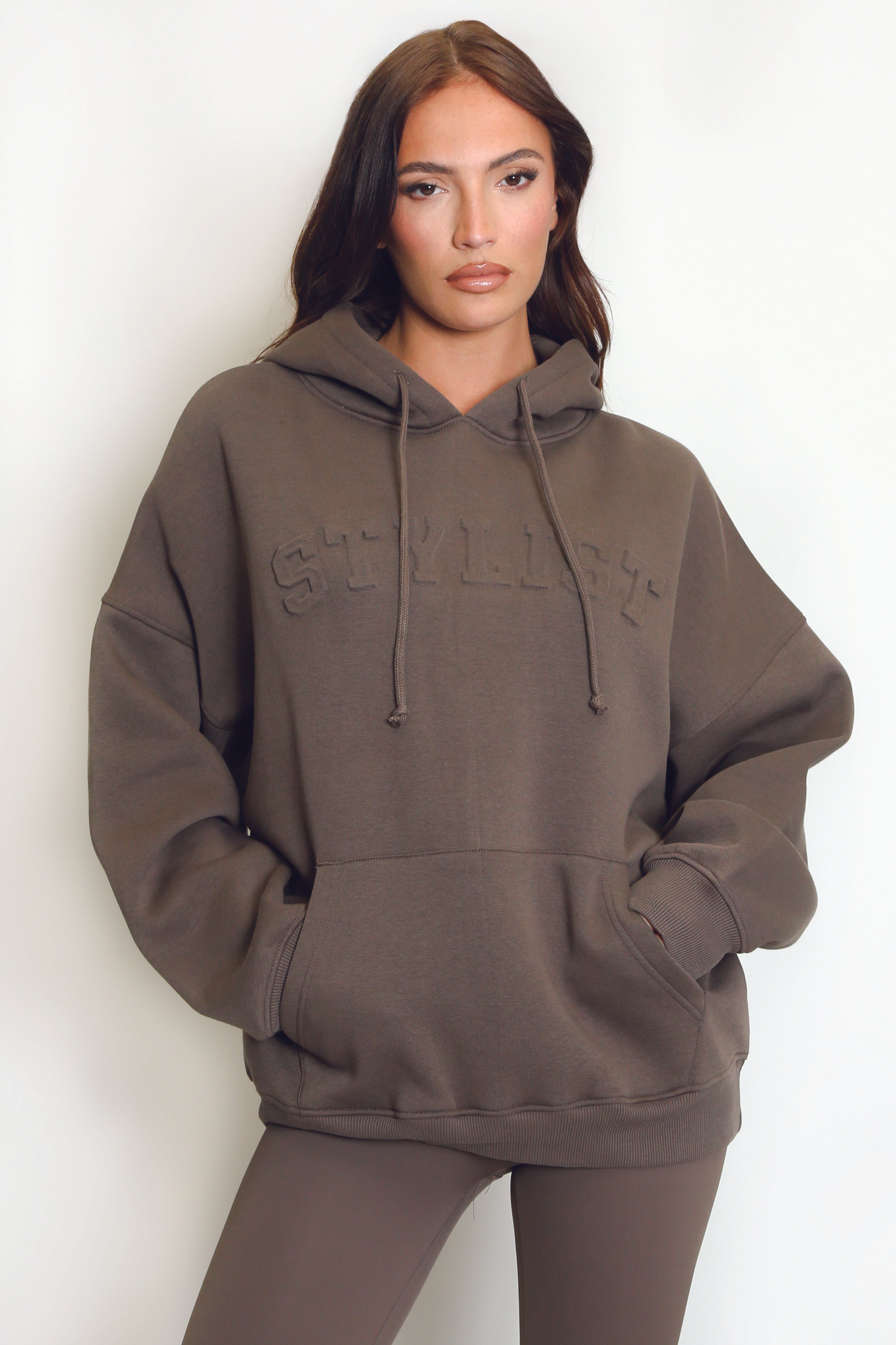 Stylist Embossed Oversized Hoodie In Brown