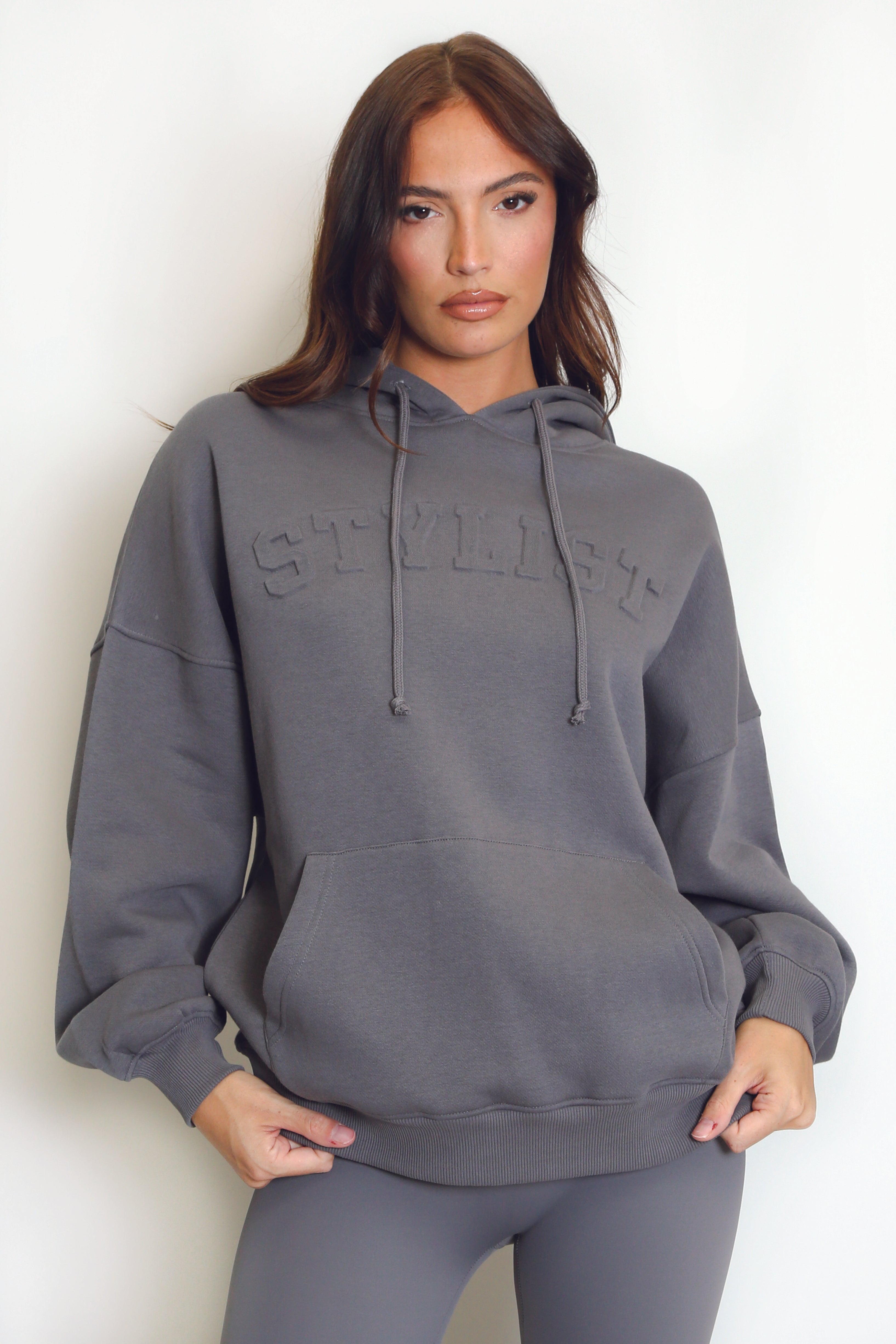 Stylist Embossed Oversized Hoodie In Grey