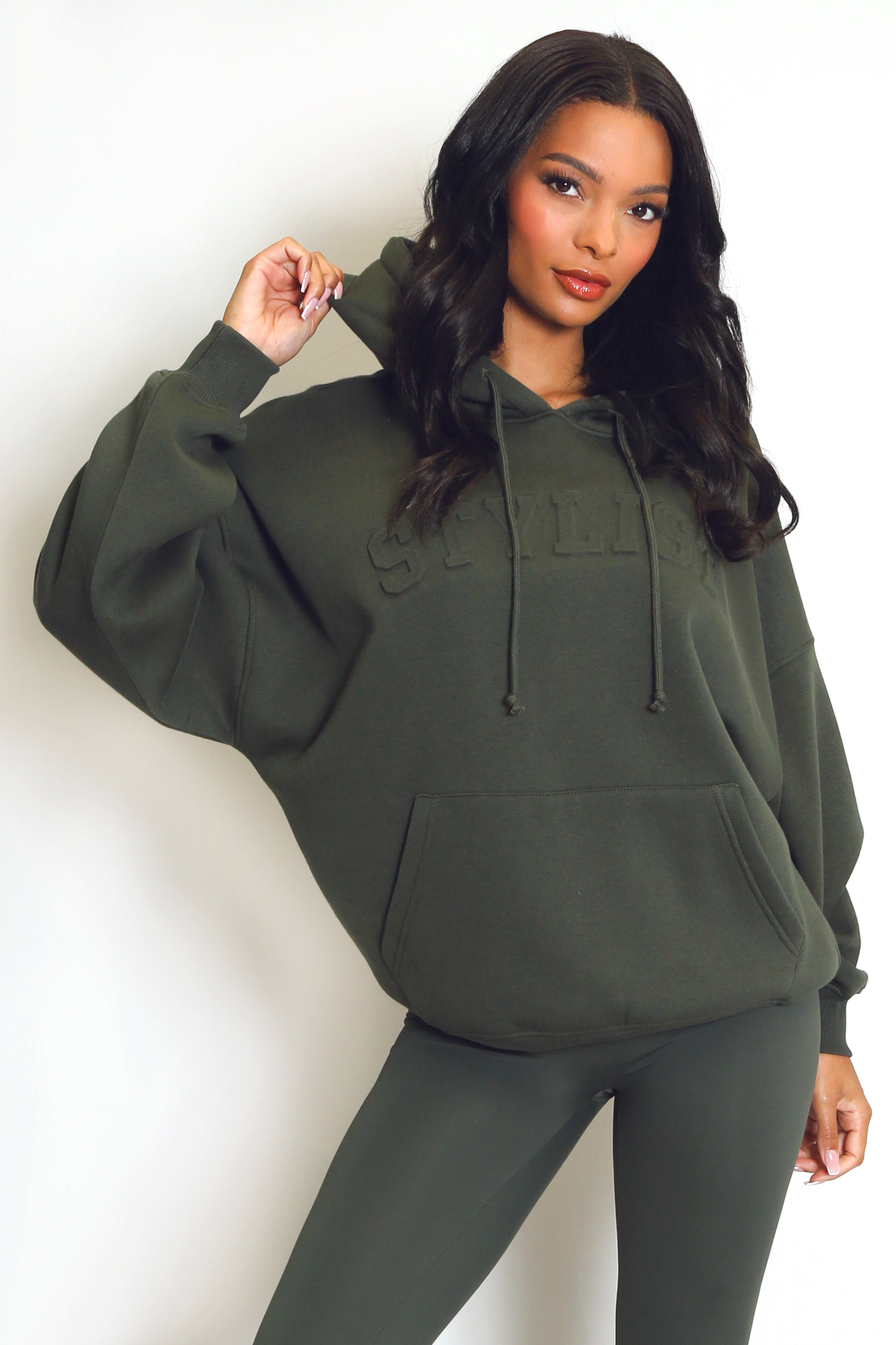 Stylist Embossed Oversized Hoodie In Khaki